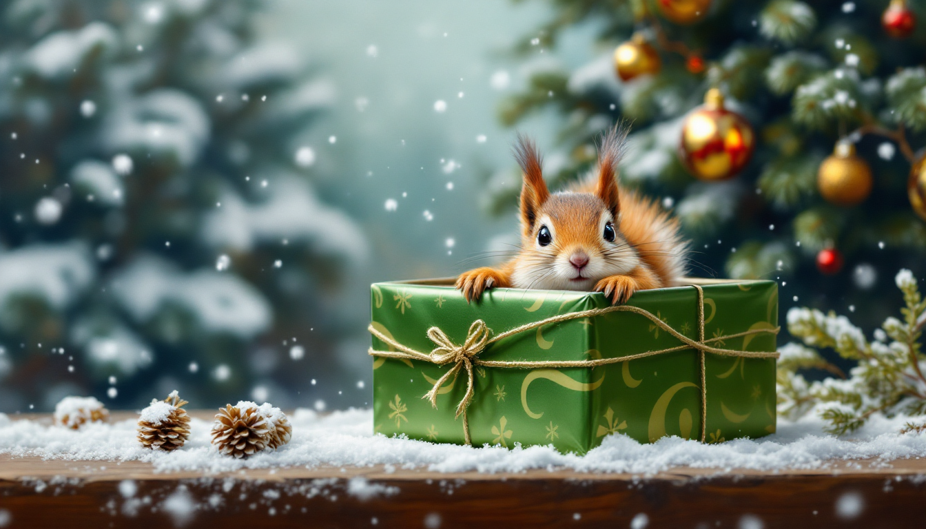 hyperrealism airbrushed oil paints. A darling squirrel peeking up out of an open gift box that is wrapped in green foil Christmas paper, a beautiful Christmas tree and ornaments, snow falling. 