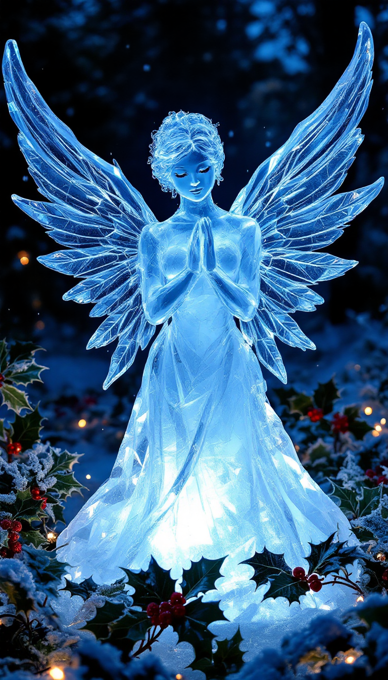 A beautiful ice sculpture of an angel with wings, surrounded by frost-kissed holly leaves and an icy-blue glow.