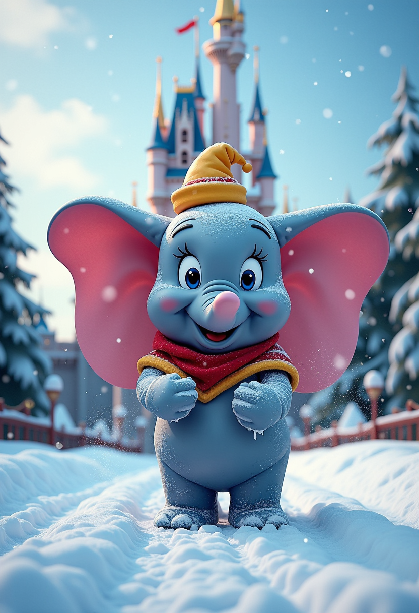 Dumbo trowing snow in the air, snow forms the text: "MERRY CHRISTMAS". Disney castle on the background, 3D depth