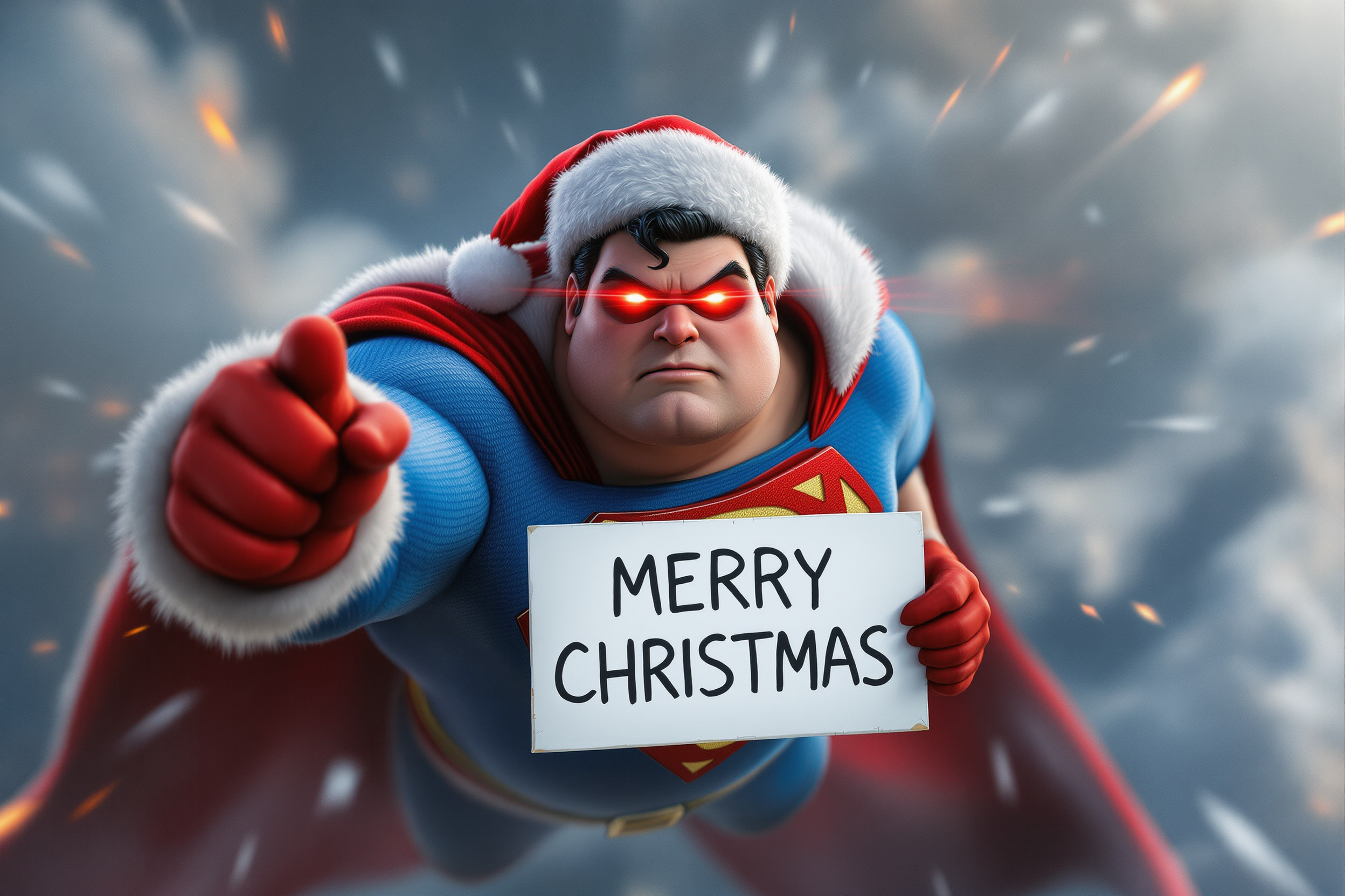 hd hyper realistic photo 3d superman, fat, wearing a santa suit, red laser eyes flying towards the viewer holding a sign that says "MERRY CHRISTMAS" 