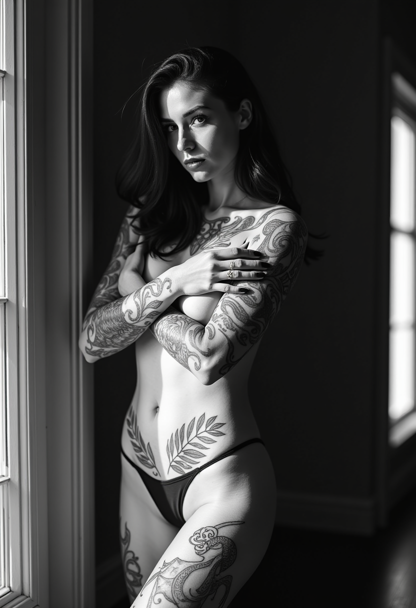 **Instagram-Style Black and White Photography**:

- **Subject**: A nude woman with intricate tattoos covering her skin, showcasing her body art in a tasteful manner.
  
- **Pose**: She stands with a relaxed yet confident posture, her body angled slightly to the side, one arm delicately covering her chest, the other resting along her thigh, emphasizing the tattoos.

- **Visual Details**: 
  - **Tattoos**: Highly detailed, a mix of fine-line work, watercolor effects, and traditional styles, creating a narrative across her skin.
  - **Skin Texture**: Smooth yet slightly textured, with shadows accentuating the curves and muscles.
  - **Lighting**: Harsh contrast lighting to bring out the black and white tones, creating deep shadows and bright highlights.

- **Style**: 
  - **Photography**: Emulate the look of a high-contrast, grainy black and white film photography, reminiscent of the 1960s fashion photography with a modern twist.
  - **Artistic Influence**: Inspired by the work of Helmut Newton but with a softer, more intimate feel.

- **Composition**: 
  - **Framing**: Half-body shot, with the subject occupying roughly two-thirds of the frame, leaving space for a minimalist background.
  - **Camera Angle**: Slightly low angle to elongate the figure, adding a sense of power and presence.

- **Mood and Atmosphere**: 
  - **Ambiance**: A serene, introspective mood, capturing a moment of quiet self-reflection.
  - **Time**: Late afternoon, with the light filtering through a window or open door, casting long shadows.
  - **Weather**: A calm day, the weather is not prominent, but the light suggests a clear, perhaps slightly overcast sky.

- **Technical Aspects**: 
  - **Depth of Field**: Shallow depth of field to focus on the woman while softly blurring the background.
  - **Grain**: A fine grain texture to give the image an authentic film photography feel.
  - **Tonal Range**: A wide range from pure white to deep blacks, ensuring a rich tonal contrast.

- **Cohesion**: The scene is set in a minimalistic, modern environment, possibly a studio with white walls or a simple backdrop, ensuring that all focus is on the subject and her tattoos, creating a powerful and intimate portrayal of identity and art.