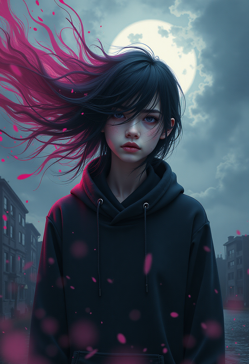 Create an **Emo Splash Artwork** showcasing:

- **Subject**: A central figure, a young person with an expressive, melancholic expression, their hair and clothing flowing dynamically as if caught in a powerful gust of wind or emotional turmoil.
  
- **Background**: A surreal, almost otherworldly landscape with:
  - A swirling, tempestuous sky filled with shades of deep purples, blues, and grays, suggesting a storm or emotional upheaval.
  - Distant, abstracted forms hinting at urban or industrial elements, slightly blurred to emphasize the central figure.
  
- **Visual Details**:
  - **Texture**: The figure's clothing should show intricate textures, with fabric that looks almost liquid, as if it's melting or being torn apart by the emotional intensity.
  - **Lighting**: Stark, dramatic lighting with harsh contrasts; the figure should be illuminated by a single, intense light source, creating sharp shadows that add to the dramatic effect.
  - **Details**: Insane attention to the minutiae like the individual strands of hair, the droplets of 'emo tears' or 'splash' effects emanating from the figure, each droplet capturing the light in a unique way.

- **Style**: A blend of **hyperrealism** and **abstract expressionism**, with influences from **Gothic Art**, capturing the raw emotional intensity with surreal, fluid elements.

- **Composition**: 
  - The figure should be positioned slightly off-center, allowing for the dynamic movement of the splash art to extend into the background, creating a sense of movement towards the viewer.
  - Use a **wide-angle lens effect** to enhance the drama and depth of the scene, with the subject appearing larger and more imposing than the background.

- **Mood and Atmosphere**: 
  - The scene should evoke a sense of **overwhelming emotion**, capturing the essence of the 'emo' subculture with its emphasis on introspection and emotional intensity.
  - The time of day should be ambiguous, with the lighting suggesting either a stormy dusk or an early morning, enhancing the surreal quality.

- **Technical Aspects**:
  - Employ **bokeh** to blur the background slightly, focusing on the figure while still allowing the detailed background to be visible.
  - Use **long exposure techniques** for the splash effect, ensuring the movement appears fluid and almost painterly.

- **Cohesion**: All elements should coalesce to form a cohesive narrative of emotional intensity, where the figure's expression, the dynamic movement of the splash, and the surreal background all contribute to a single