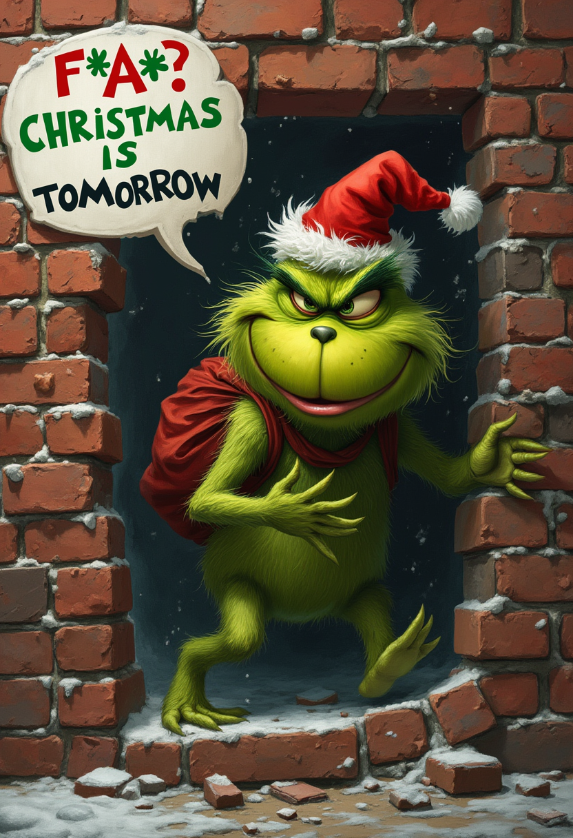 photorealistic frantic Grinch, speech bubble with 'F*@?, CHRISTMAS IS TOMORROW' Grinch in a red hat, and has a red sack over his shoulder, busting through a brick wall.