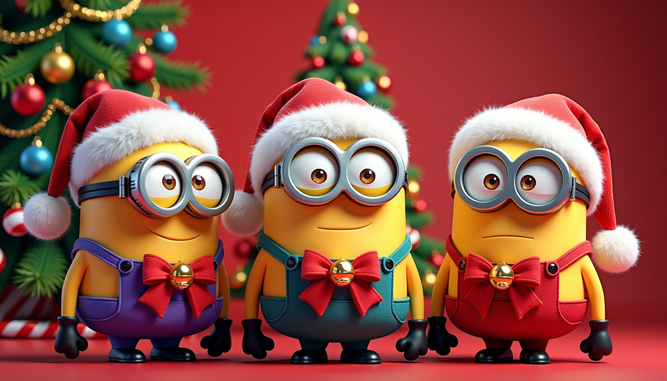 This image is a festive and vibrant depiction of three characters known as Minions from the animated movie franchise Despicable Me. The Minions are dressed in holiday attire, with each one donning a Santa hat and a Christmas outfit that includes a red bow and golden bells. The Minions are standing in front of a decorated Christmas tree, which is adorned with colorful baubles, red bows, and candy canes. The tree is illuminated with twinkling lights, adding to the holiday ambiance. The background is a rich red, which contrasts nicely with the green of the tree and the yellow of the Minions.The art style of the image is cartoonish and threedimensional, with a high level of detail and texture. The Minions have exaggerated facial features and are depicted with a sense of movement and liveliness. The Santa hats are fluffy and white, with red pompoms, and the bows and bells on the Minions outfits are also detailed and shiny. The Christmas tree is depicted with realistic branches and needles, and the baubles and candy canes are reflective and glossy.The colors in the image are bright and cheerful, with a predominance of red, green, and yellow. The Minions skin tone is a pale yellow, and their outfits are a mix of red, purple, and green. The Christmas tree is a lush green, and the baubles and candy canes are a mix of red, blue, and gold. The Santa hats are white with red trim, and the bows and bells are red with golden accents. The overall effect is a visually appealing and festive representation of Christmas.

Title at the top "MERRY CHRISTMAS" with tinsel and Christmas letters