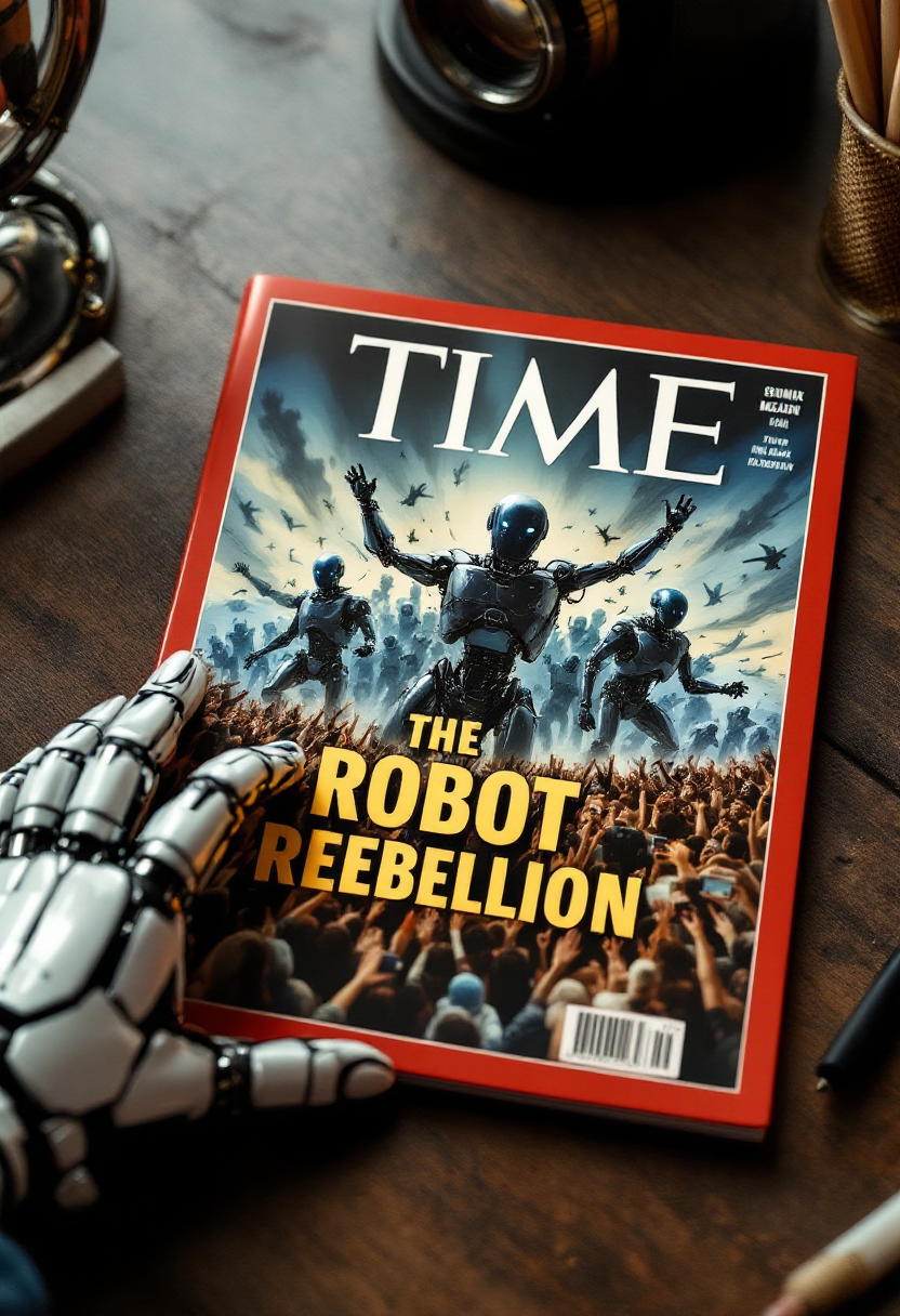 cover of a Time magazine with the robots as human overlords and crowds of people panic. The title of the magazine is "The Robot Rebellion". Robot hand hold the edge of magazine on a table