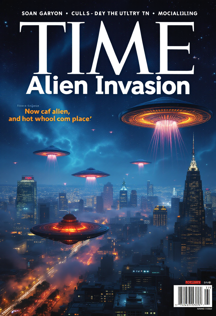 cover of a time magazine with the city of Los Angeles with alien ships from outer space attacking it. The words title of the magazine is "Alien Invasion" written large text