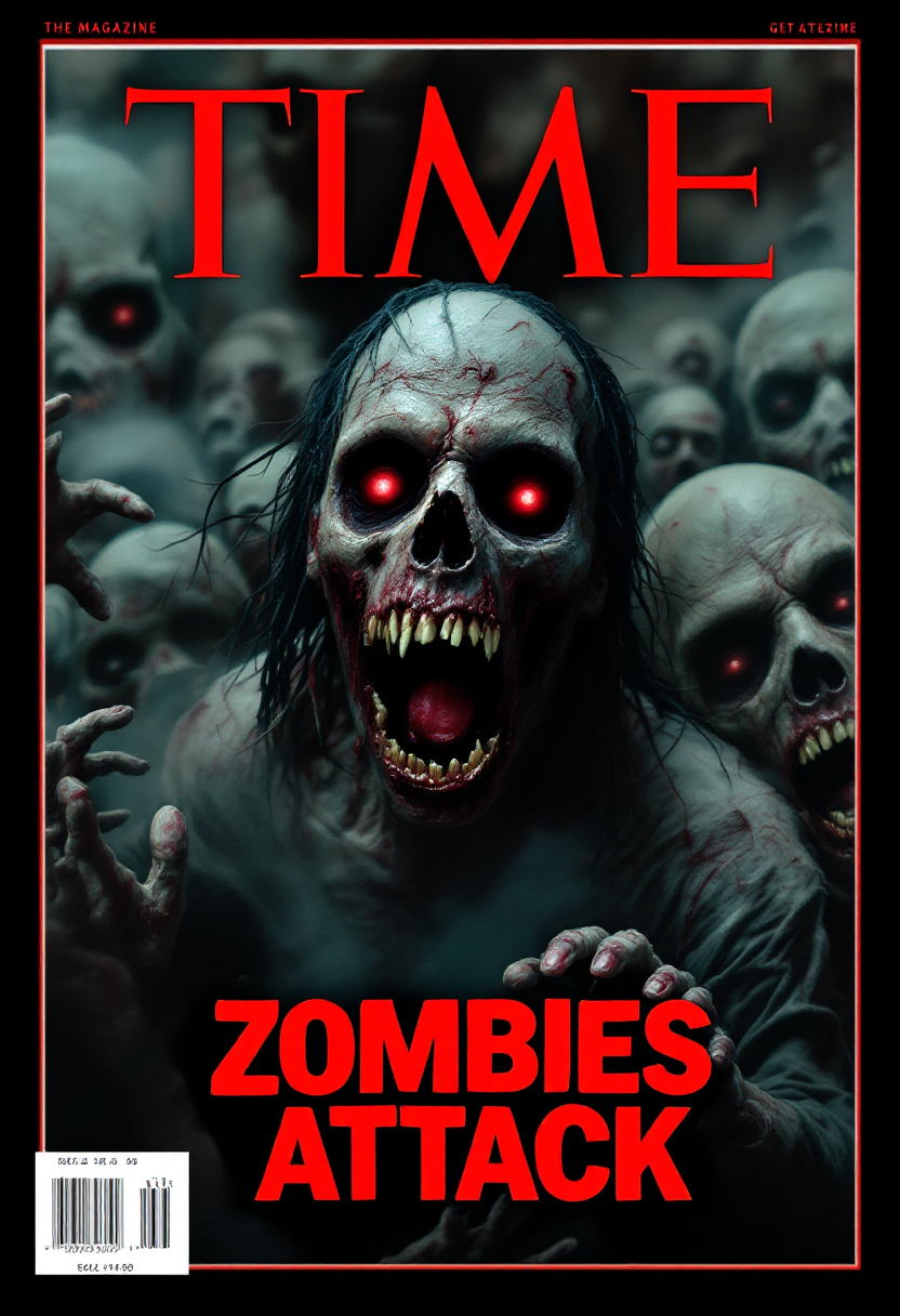 cover of a Time magazine with the zombies as human overlords and crowds of people panic. The title of the magazine is "Zombies Attack". 