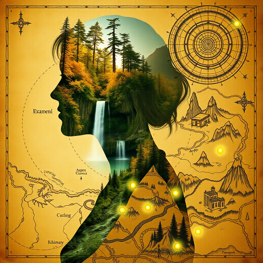 A surreal double-exposure portrait of a woman in profile, seamlessly blending her silhouette with natural elements and mystical designs. Inside her silhouette, a vibrant natural landscape is revealed: a cascading waterfall flows through lush green cliffs adorned with autumnal foliage. Tall trees rise from the cliffs, bathed in soft golden sunlight, and the waterfall transitions gracefully into her neck, symbolizing a connection between humanity and nature.
Outside her silhouette, the previously blank background is transformed into a detailed fantasy map intertwined with glowing, ancient patterns. The map features hand-drawn elements such as winding rivers, towering mountain ranges, ancient ruins, and enchanted forests, all rendered in soft sepia and gold tones. Overlaid on the map are intricate glyphs, concentric rings resembling tree rings, and spiraling celestial symbols, glowing faintly with an ethereal light.
The contrast between the natural landscape within her and the mystical map outside creates a striking visual balance, evoking themes of exploration, harmony, and the eternal connection between humanity and the cosmos. The composition blends realism with fantasy, inviting the viewer into a world of wonder and imagination.
<lora:Anime v1.3:1.2> <lora:Blue_Future:0.9> <lora:Ethereal_Brush_Anime_v1.0:0.6> <lora:It's a LoRA for portraits, BUT! actually specialized in backgrounds. v1.0:0.2>