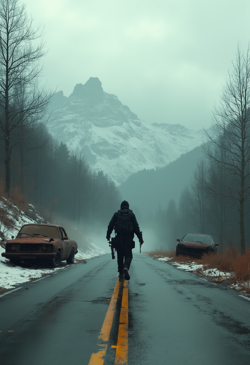 Thishd photography 3d  is a digital artwork that depicts a post apocalyptic or dystopian scene. The art style is cinematic and realistic, with attention to detail and a dramatic use of lighting and shadow to create a sense of depth and atmosphere. The medium appears to be a digital photography, given the smooth gradients and lack of texture that one might find in traditional mediums.The colors in the image are muted and moody, with a predominance of greys, browns, and muted greens. The palette is quite somber, with a few brighter colors used sparingly to highlight certain elements. The use of fog and mist adds to the gloomy and foreboding atmosphere of the scene.The objects in the image are sparse but impactful. In the foreground, there is a figure dressed in a dark, tactical outfit, carrying a backpack and a rifle, suggesting a narrative of survival. The figure is walking down a road that cuts through a desolate forest, with trees that are barren and lifeless, further emphasizing the apocalyptic theme. There are two abandoned rusted broken cars on either side of the road, one on each side, which adds to the sense of abandonment and decay.The road itself is wet, indicating recent rain, and there are patches of snow on the ground, suggesting a cold, possibly winter setting. The road is marked with double yellow lines, which are typically used to indicate that passing is not allowed, adding to the feeling of isolation and the impossibility of escape.In the distance, there are mountains that are shrouded in mist, which adds to the sense of mystery and the unknown. The mountains are rugged and imposing, with jagged peaks that stand in stark contrast to the flat, barren landscape below.Overall, the image evokes a strong sense of desolation, danger, and the struggle for survival in a harsh, unforgiving world.