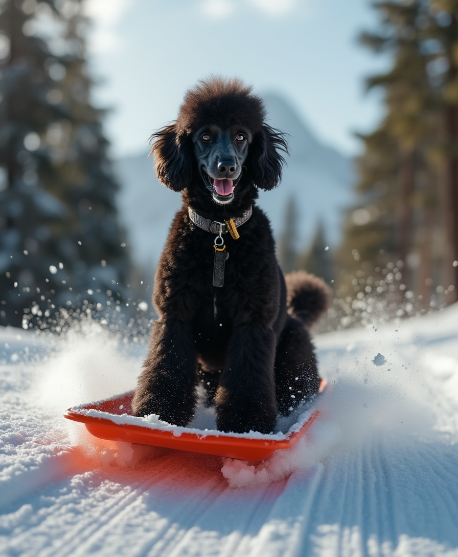 photo of a tall black smiling poodle sitting on a toboggan sliding down a mountain