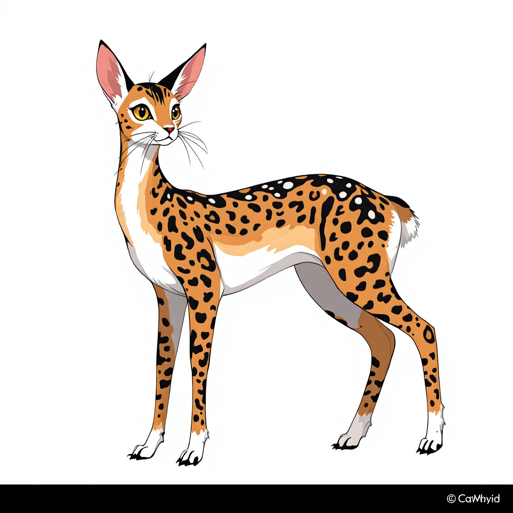 Body:

    Build: The hybrid would have a slender, athletic build, combining the grace of a deer with the agility of a cat.
    Fur: The fur would be soft and sleek, with a blend of spotted patterns like a deer and tabby stripes like a cat. The color could be a mix of browns, blacks, and whites, creating a unique and beautiful coat.

Head:

    Face: The face would have the delicate features of a deer, with large, expressive brown eyes and a gentle muzzle.
    Ears: The ears would be tall and pointed like a deer's, but with the mobility and sensitivity of a cat's ears, allowing for enhanced hearing.
    Whiskers: Long, cat-like whiskers would adorn the face, providing additional sensory input.

Limbs:

    Legs: The legs would be long and powerful like a deer's, perfect for running and leaping, but with retractable claws like a cat's for climbing and grasping.
    Hooves/Paws: The feet could be a blend of deer hooves and cat paws, allowing for both sure-footedness on various terrains and the ability to grip and climb.

Tail:

    Tail: The tail would be long and elegant like a deer's, but with the ability to puff up like a cat's tail when excited or threatened, adding a playful and expressive element.

Additional Features:

    Horns/Antlers: Small, delicate antlers or horns could adorn the head, adding a touch of majesty and uniqueness.
    Markings: Distinctive markings, such as spots or stripes, could run along the back and legs, enhancing the hybrid's appearance