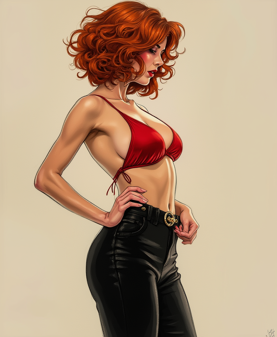 Sexy Gorgeous Woman, The image features a woman with a profile view, showcasing a poised and elegant stance. The individual is adorned in a striking red string bikini. The subject is wearing a pair of black pants that are formfitting, accentuating the figure. The pants have a subtle sheen, suggesting a possible satin or silk blend, and are cinched at the waist with a thin belt, which adds a touch of sophistication to the ensemble. The individuals hair is styled in a short, curly fashion, with the curls cascading in waves around the head and neck. The hair color is a vivid red, which complements the blouse and adds a pop of color to the overall palette of the outfit. The hairs texture is rendered with a lifelike quality, with individual strands and highlights that give the curls volume and dimension. The subjects pose is graceful and confident, with one hand resting on the hip and the other gently touching the waist, suggesting a selfassured demeanor. The positioning of the hands and the slight turn of the body create a sense of movement and dynamism within the stillness of the image. The overall aesthetic of the image is reminiscent of a stylized illustration, with a focus on the interplay of light and shadow, which adds depth and realism to the subjects form and the textures of the clothing. The color scheme is warm and inviting, contrast to the cool tones of the black pants and the neutral background.