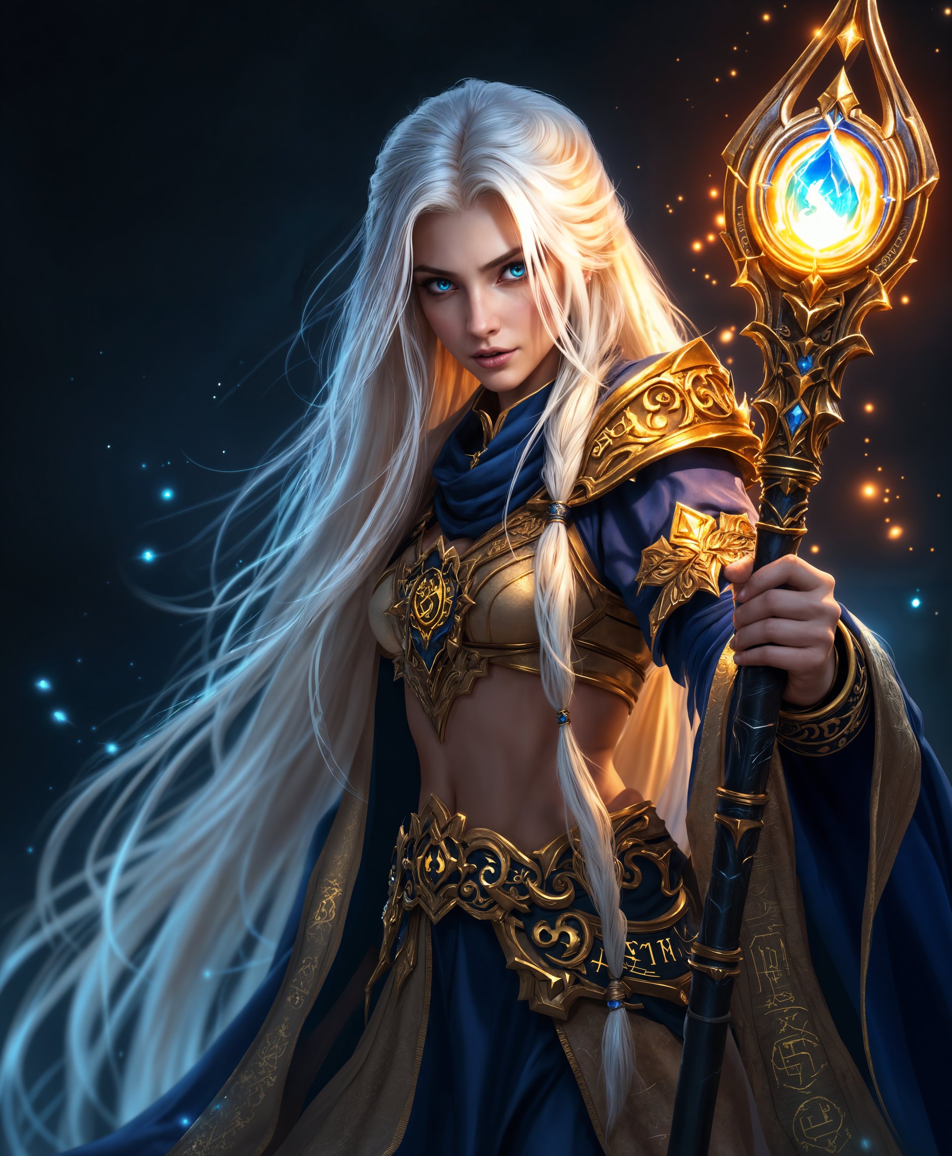 masterpiece, best quality, highres, sharp image, more detail, masterpiece, best quality, highres, sharp image, more detail, A highly detailed, realistic depiction of **Jaina Proudmoore** from the "World of Warcraft" series, in a **4K resolution**:

- **Subject**: Jaina Proudmoore, with her iconic **long white hair** and **blue eyes**, dressed in her **archmage robes** adorned with **gold and blue accents**, the color palette reflecting her magical affinity. She holds her **staff**, a symbol of her power, emitting a **glowing arcane light** with **intricate engravings**.

- **Visual Details**: Her **robes** are made of **silk**, with **intricate patterns** and **glowing runes** that subtly illuminate her surroundings. The **staff** has a **crystal orb** at its top, pulsating with **magical energy**. Her **expression** is one of **concentration**, with a **soft glow** around her eyes, hinting at her immense magical power.

- **Style**: The image should be **hyper-realistic**, capturing the **textures** of fabric, skin, and magical effects with **photo-realistic detail**. Use **digital painting techniques** to achieve a **cinematic** and **epic** feel, reminiscent of **high fantasy** art.

- **Composition**: Jaina is **centrally positioned**, standing on a **raised platform** or **floating in the air**, with her **staff raised**, casting a spell. The **camera angle** should be **slightly below eye level** to emphasize her power. The **background** is a **swirling vortex** of arcane energy, with **subtle hints** of **Stormwind** or **Theramore** in the distance, providing context to her world.

- **Mood and Atmosphere**: The scene is set at **dusk**, with the **sky painted in hues of twilight**, enhancing the **mystical** and **otherworldly** atmosphere. **Arcane energy** swirls around her, creating a **dynamic, almost stormy** environment, yet she remains **calm and controlled**, exuding **confidence** and **mastery** over her powers.

- **Technical Aspects**: Employ **depth of field** to focus on Jaina while the background blurs slightly, giving a **cinematic depth**. Use **ray tracing** for realistic lighting and **reflections**, particularly on her staff and any surrounding water or magical effects. **Particle effects** should be used to depict the **arcane magic** flowing from her hands and staff.

- **Cohes