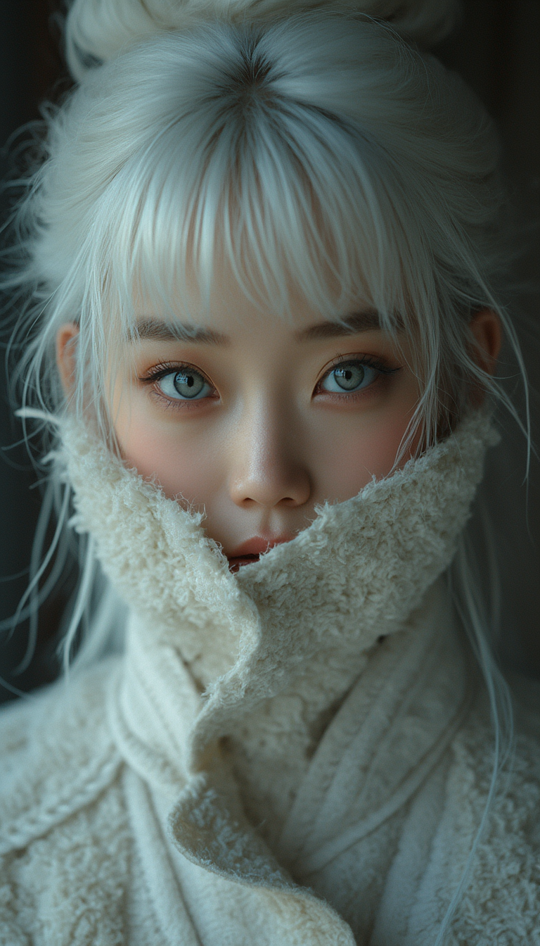 ultra close up face, look the viewer, half face focused, a young woman with white hair, hair bun, long bangs, Korean, covering the face with coat's collar, sensuous, blue eyes, academic realism, historical subjects, Gorgeous Galactic