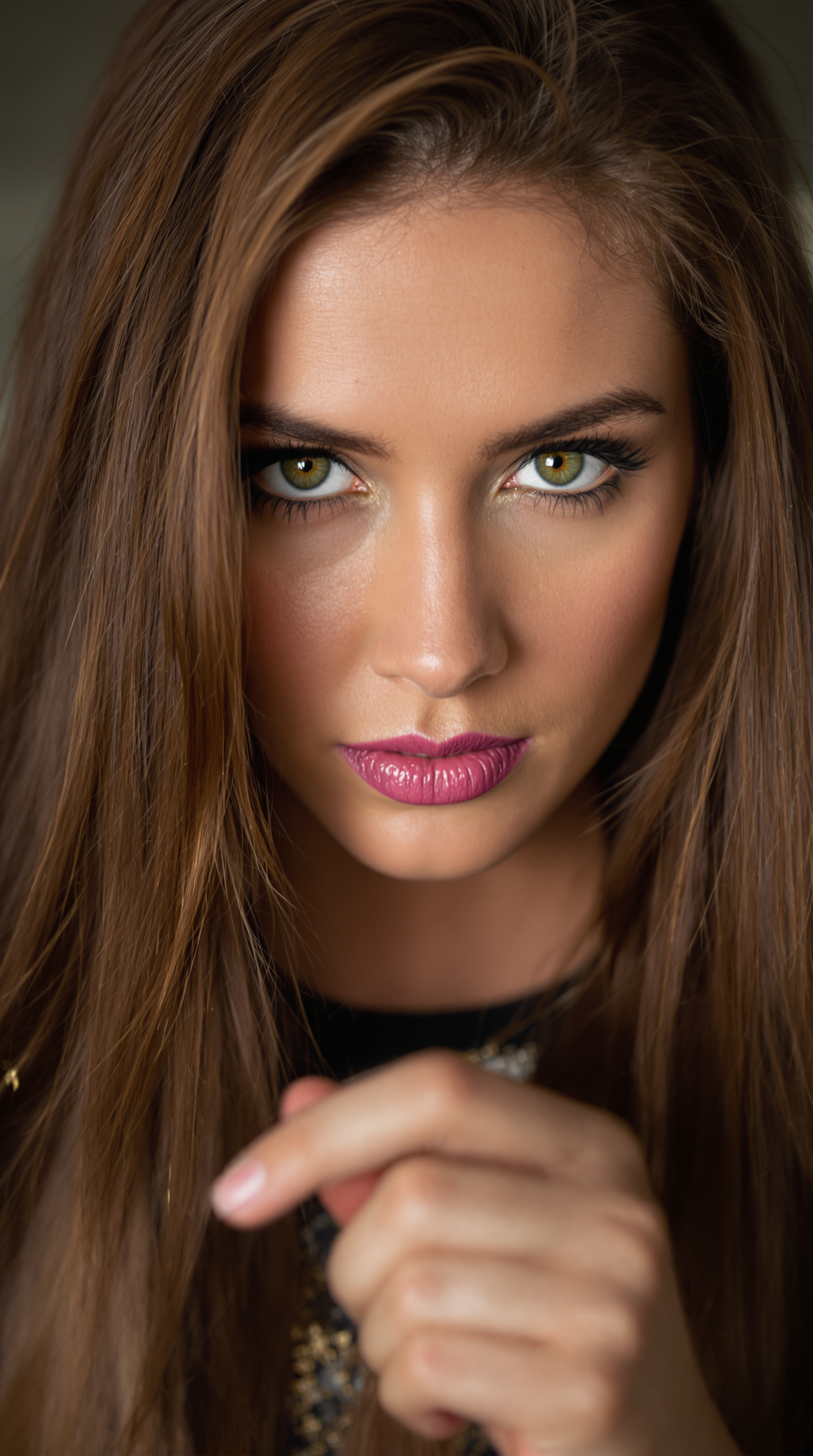 portrait, close up of a In this stunning portrait, a woman with long brown hair and bright green eyes gazes intently at the viewer. Her expression is one of intense concentration as she holds onto her hand in front of her. aidmaRealisticPeoplePhotograph
