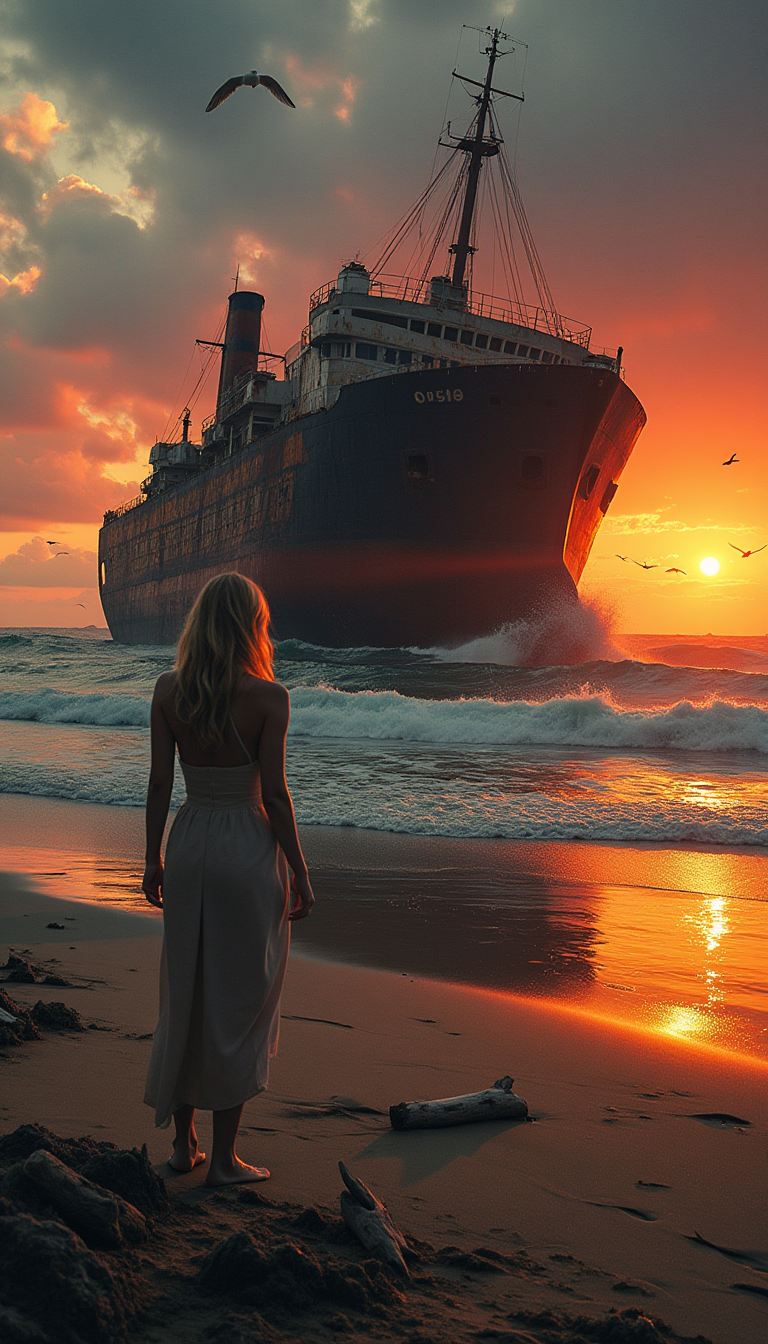 A dramatic shot of an woman standing in front of an old, rusted cargo ship stranded on a desolate beach at sunset, the ship’s silhouette stark against the fiery orange and red sky. The waves crash violently against the hull, sending up sprays of seawater that catch the fading light. Sea birds circle above, and the sand around the ship is littered with remnants of old fishing nets and weathered driftwood. The low, golden light accentuates the ship’s decaying structure, conveying a sense of abandonment and timelessness. The scene feels both eerie and captivating, as if holding a forgotten story within.
film-grain, highly detailed, ISO, 16k
