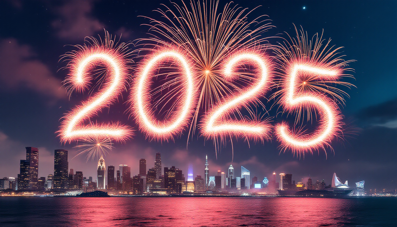 Amazing massive Firework over ocean side city skyline. The firework figures the year "2025" in the sky