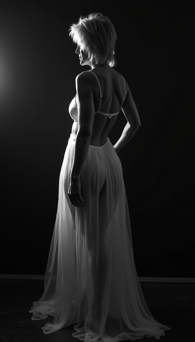 I_body_neutral, A stunningly beautiful **40yo woman** with a **slender, sensual figure** and **short dark messy hair**,stands **poised in a dimly lit room**. She wears a **translucent white chiffon dress** that subtly reveals her form beneath, enhancing the **allure and mystique**. 

**Visual Details:**
- **Chiffon Dress:** The fabric is light and airy, flowing around her in a gentle cascade, creating a play of light and shadow that accentuates her silhouette.
- **Black and White:** The scene is rendered in a monochromatic palette with **high contrast**, where the whites glow and the blacks are deep and rich, capturing the essence of film noir.
- **Hair:** Her blonde hair cascades in loose, glamorous waves, framing her face with a soft glow.

**Style:**
- **Sin City Movie Style:** The image captures the essence of the movie's **stylized noir** aesthetic, with sharp contrasts and a focus on texture and form, inspired by the **Sin_City_Movie_Style_SDXL lora** to give it a unique, graphic novel-like quality.

**Composition:**
- **Subject Positioning:** She stands slightly to the side, one hand on her hip, her gaze directed away from the camera, inviting the viewer to ponder her thoughts or the scene beyond her.
- **Camera Angle:** A low-angle shot adds to her stature and allure, with the camera capturing her from below to enhance her presence.

**Mood and Atmosphere:**
- **Dark Room:** The room is shrouded in darkness, with only a few strategic light sources casting dramatic shadows, creating a mood of mystery and seduction.
- **Ambiance:** The ambiance is one of **intrigue and allure**, the dim lighting and high contrast giving the scene a dreamlike, almost otherworldly feel.

**Technical Aspects:**
- **Lighting:** Employ **chiaroscuro** techniques with stark contrasts between light and dark, highlighting her figure against the shadowy background.
- **Photography Technique:** Use of **long exposure** to capture the movement of the chiffon, creating a ghostly, ethereal effect around her form.

**Cohesion:**
- All elements are crafted to evoke a **seamless blend of reality and fantasy**, where the woman becomes an iconic figure in a timeless, yet instantly recognizable, noir setting.