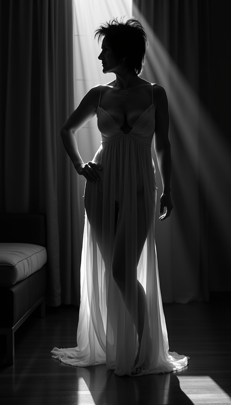 I_body_neutral, A stunningly beautiful **40yo woman** with a **slender, sensual figure** and **short black messy hair**,stands **poised in a dimly lit room**. She wears a **translucent white chiffon dress** that subtly reveals her form beneath, enhancing the **allure and mystique**. 

**Visual Details:**
- **Chiffon Dress:** The fabric is light and airy, flowing around her in a gentle cascade, creating a play of light and shadow that accentuates her silhouette.
- **Black and White:** The scene is rendered in a monochromatic palette with **high contrast**, where the whites glow and the blacks are deep and rich, capturing the essence of film noir.
- **Hair:** Her blonde hair cascades in loose, glamorous waves, framing her face with a soft glow.

**Style:**
- **Sin City Movie Style:** The image captures the essence of the movie's **stylized noir** aesthetic, with sharp contrasts and a focus on texture and form, inspired by the **Sin_City_Movie_Style_SDXL lora** to give it a unique, graphic novel-like quality.

**Composition:**
- **Subject Positioning:** She stands slightly to the side, one hand on her hip, her gaze directed away from the camera, inviting the viewer to ponder her thoughts or the scene beyond her.
- **Camera Angle:** A low-angle shot adds to her stature and allure, with the camera capturing her from below to enhance her presence.

**Mood and Atmosphere:**
- **Dark Room:** The room is shrouded in darkness, with only a few strategic light sources casting dramatic shadows, creating a mood of mystery and seduction.
- **Ambiance:** The ambiance is one of **intrigue and allure**, the dim lighting and high contrast giving the scene a dreamlike, almost otherworldly feel.

**Technical Aspects:**
- **Lighting:** Employ **chiaroscuro** techniques with stark contrasts between light and dark, highlighting her figure against the shadowy background.
- **Photography Technique:** Use of **long exposure** to capture the movement of the chiffon, creating a ghostly, ethereal effect around her form.

**Cohesion:**
- All elements are crafted to evoke a **seamless blend of reality and fantasy**, where the woman becomes an iconic figure in a timeless, yet instantly recognizable, noir setting.