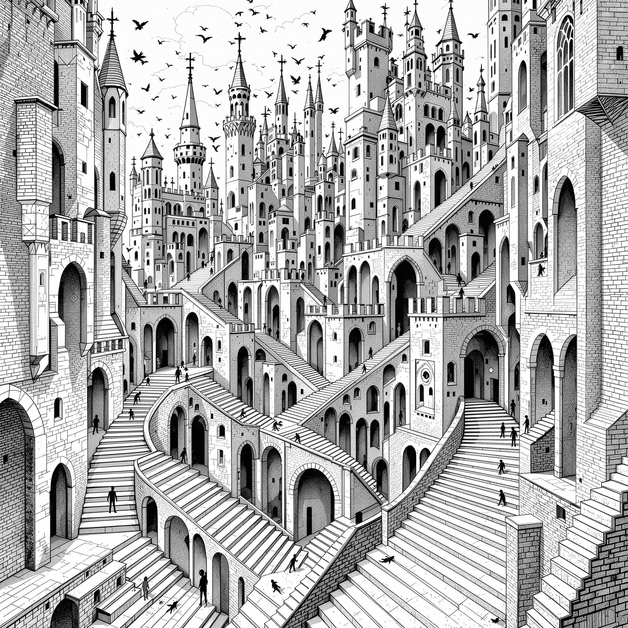 Create an **M.C. Escher inspired black and white line drawing** of a **medieval castle** with:

- **Architectural Complexity**: Multiple stairways that defy conventional orientation, spiraling in all directions, creating optical illusions and paradoxes reminiscent of Escher's work. 
- **Creatures**: Populate the stairs with **small, intricate creatures** like birds, lizards, or chameleons, each engaged in seemingly impossible tasks or movements, adding to the surreal atmosphere.
- **Lighting and Shadows**: Use **chiaroscuro** techniques to emphasize the depth and interplay between light and shadow, enhancing the black and white aesthetic.
- **Composition**: The castle should be the central focus, with stairways leading into and out of the frame, creating a sense of infinite pathways. Utilize a **vanishing point** to guide the viewer's eye through the maze-like structure.
- **Mood and Atmosphere**: Evoke a sense of **mystical disorientation** where the ordinary rules of perspective do not apply, capturing the viewer's imagination with a dreamlike quality.
- **Artistic Style**: Employ **Escher's signature style** of detailed, repetitive patterns and impossible constructions, ensuring that the castle's architecture and the creatures' movements are both believable and fantastical within the black and white medium.

This scene should not only intrigue but also challenge the viewer's perception, embodying Escher's fascination with the infinite and the paradoxical.