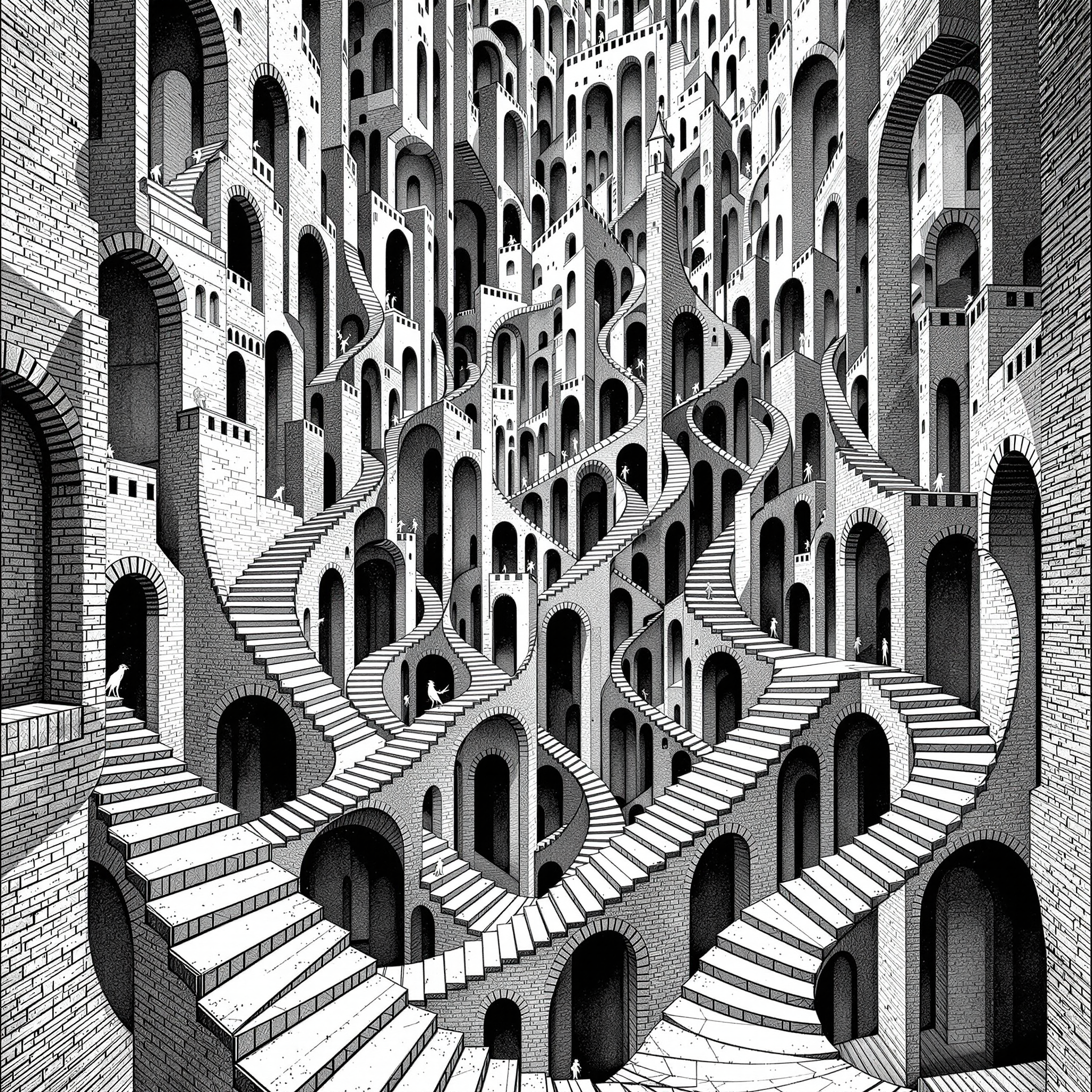 Create an **M.C. Escher inspired black and white line drawing** of a **medieval castle** with:

- **Architectural Complexity**: Multiple stairways that defy conventional orientation, spiraling in all directions, creating optical illusions and paradoxes reminiscent of Escher's work. 
- **Creatures**: Populate the stairs with **small, intricate creatures** like birds, lizards, or chameleons, each engaged in seemingly impossible tasks or movements, adding to the surreal atmosphere.
- **Lighting and Shadows**: Use **chiaroscuro** techniques to emphasize the depth and interplay between light and shadow, enhancing the black and white aesthetic.
- **Composition**: The castle should be the central focus, with stairways leading into and out of the frame, creating a sense of infinite pathways. Utilize a **vanishing point** to guide the viewer's eye through the maze-like structure.
- **Mood and Atmosphere**: Evoke a sense of **mystical disorientation** where the ordinary rules of perspective do not apply, capturing the viewer's imagination with a dreamlike quality.
- **Artistic Style**: Employ **Escher's signature style** of detailed, repetitive patterns and impossible constructions, ensuring that the castle's architecture and the creatures' movements are both believable and fantastical within the black and white medium.

This scene should not only intrigue but also challenge the viewer's perception, embodying Escher's fascination with the infinite and the paradoxical.