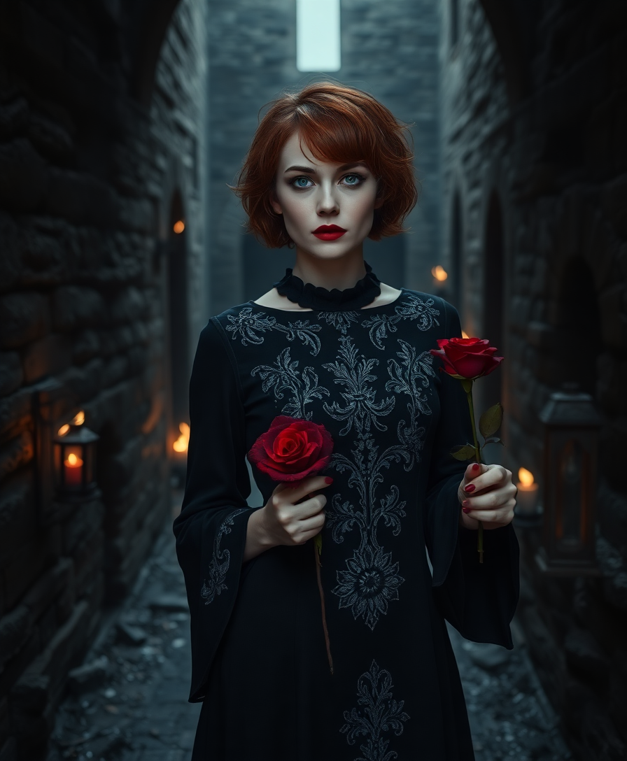 A moody and mysterious photo of a 40-year-old woman with short red messy hair and dark red lipstick, standing in the shadowy depths of castle ruins. She wears a dark gothic dress with intricate silver embroidery and bell sleeves. In one hand, she holds a dark red rose, while faint flames flicker in nearby broken lanterns, casting dancing shadows on the walls. The air is heavy with the scent of damp stone and ancient secrets, as a soft red hue from the rose contrasts against the dark surroundings, making her appear like a spectral figure of beauty and sorrow.  

