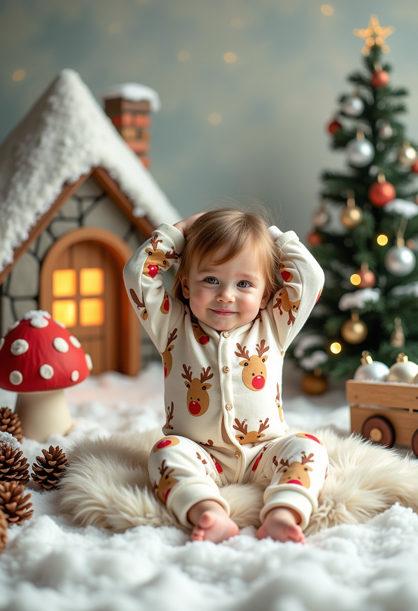 Example: This image is a charming and whimsical depiction of a child dressed in festive r