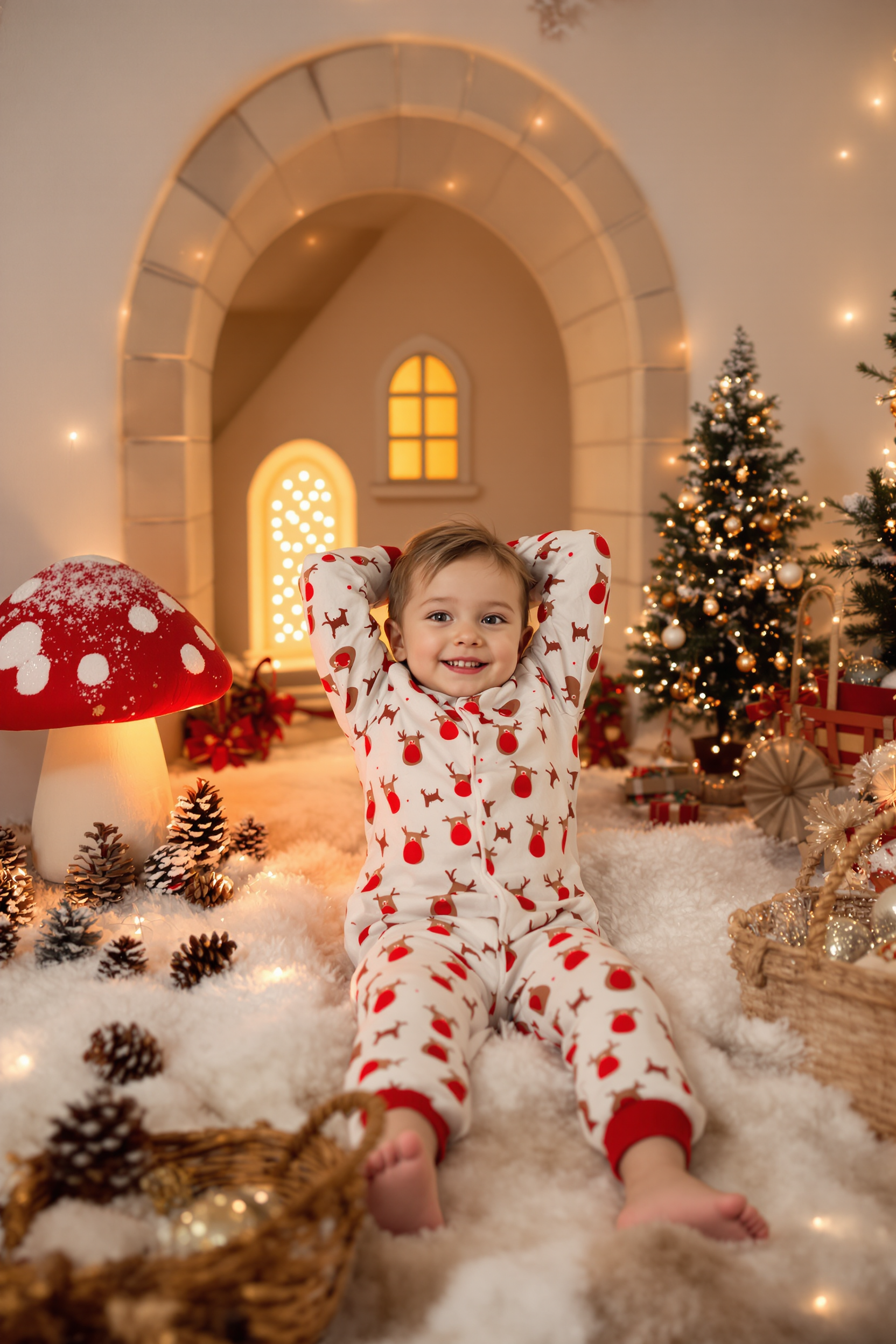 This image is a charming and whimsical depiction of a child dressed in festive reindeer pajamas, sitting in a cozy, snowcovered setting that resembles a magical winter wonderland. The childs pose is playful and carefree, with their arms behind their head and legs spread out, conveying a sense of joy and relaxation.The art style is highly stylized and evocative of a scene from a storybook, with a focus on creating a warm, inviting, and magical atmosphere. The medium appears to be a digital composite, combining elements of photography with graphic design and illustration to create a cohesive and enchanting scene.The colors in the image are soft and muted, with a predominance of whites, creams, and earthy tones that evoke a sense of winter and the holiday season. The childs pajamas feature a pattern of reindeer with red noses, which stands out against the white background. The surrounding environment is adorned with pine cones, a small, illuminated house, and a variety of Christmas ornaments, all contributing to the festive theme.The objects in the image include1. The child, dressed in reindeer pajamas with a pattern of reindeer and red noses, sitting on a fluffy, faux fur blanket.2. A stone archway leading into a cozy, warmly lit house with a glowing window.3. A red and white mushroom to the left of the child, covered in a dusting of snow.4. A variety of pine cones scattered around the scene.5. A small, illuminated Christmas tree to the right of the child.6. A basket filled with Christmas ornaments, adding to the holiday decor.7. A small, rustic wooden cart to the right of the basket, further enhancing the winter wonderland feel.Overall, the image is a delightful and imaginative representation of the holiday season, capturing the innocence and joy of childhood.