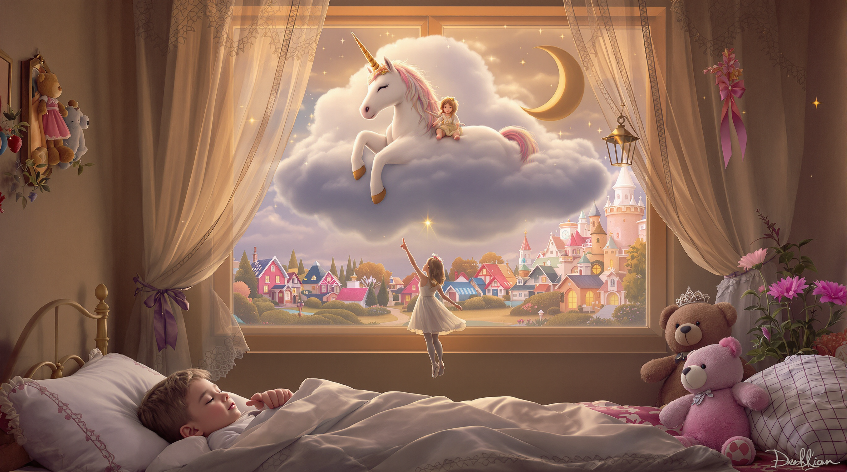 This image is a digitally created fantasy scene that exudes a sense of enchantment and dreaminess. The art style is surreal, with a touch of whimsy, and it appears to be a composite of various elements that have been carefully blended to create a cohesive and magical scene.The medium seems to be digital painting, as evidenced by the smooth blending of colors and the seamless integration of the various elements. The colors are rich and vibrant, with a predominance of warm tones that give the image a cozy and inviting atmosphere. The palette is soft and muted, with a few pops of brighter colors that draw the eye and add contrast.The objects in the image are numerous and varied, each contributing to the overall dreamlike quality of the scene. In the foreground, we see a small child lying on a bed, comfortably tucked in with a teddy bear. The child is dressed in a simple white outfit, which stands out against the darker tones of the room. The childs peaceful expression and the way they are holding the teddy bear suggest a sense of comfort and security.Behind the child, the room is filled with a variety of dream elements. There is a window with sheer curtains that allow sunlight to filter through, casting a warm glow on the scene. The curtains are adorned with lace details, adding to the delicate and ethereal quality of the image. In the center of the image, a cloud floats in the air, upon which rests a unicorn with a white body and a flowing mane. The unicorn has a gentle expression and its eyes are closed, as if it is contentedly floating in the dream. Accompanying the unicorn is a small girl dressed in a flowing dress with a tiara on her head. The girl is pointing upwards, her expression one of wonder and curiosity. To the right of the unicorn and girl, there is a plush toy, resembling a teddy bear, with a small light emanating from its eyes. This toy adds a touch of warmth and familiarity to the scene, as it is a common childhood object.In the background, beyond the cloud, we can see a magical town with houses that are illuminated from within, suggesting that the inhabitants are awake and enjoying their own dreams. The town is nestled among trees and shrubs, with a crescent moon hanging in the sky, completing the dreamy setting.Overall, the image is a beautiful and imaginative representation of a childs dream, filled with warmth, comfort, and magical elements that evoke a sense of wonder and enchantment.