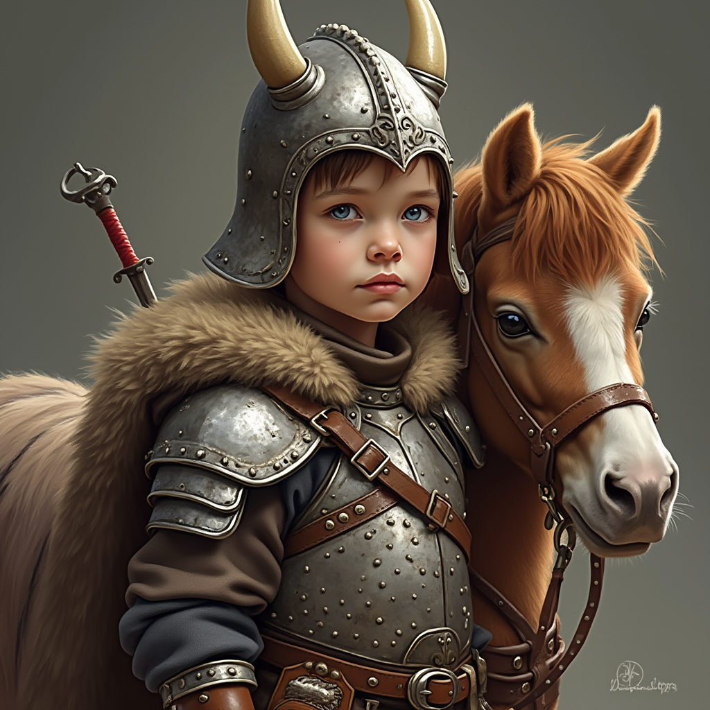 This image is a digital artwork that depicts a young child dressed in a detailed and historically inspired warrior costume. The child is wearing a metallic armor with intricate designs and patterns, including embossed metal plates, straps, and buckles. The armor is complemented by a furlined cloak that drapes over the shoulders and chest, adding to the medieval warrior aesthetic.The child is also wearing a helmet with curved horns, which is a common symbol of Norse or Viking warriors. The helmet is adorned with metal details and studs, and the horns are made of a material that resembles bone.The childs attire is completed with a belt that holds various items, including what appears to be a sword with a red hilt, a dagger, and pouches that could contain tools or small items.The childs expression is one of determination and focus, and the eyes are a striking shade of blue, which stands out against the warm tones of the costume.The horse in the image is a Shetland pony, recognizable by its small stature and distinctive long mane. The pony is adorned with a harness, indicating that it is ready for riding. The mane and tail of the pony are a rich chestnut color, and the coat has a soft, fluffy texture.The art style of the image is realistic with a touch of fantasy, as evidenced by the childs costume and the mythical elements like the horns on the helmet. The medium appears to be digital painting, given the smooth blending of colors and the high level of detail.The colors in the image are warm and earthy, with the browns, golds, and grays of the armor and cloak creating a rich, textured look. The blue eyes of the child and the chestnut mane of the pony provide pops of color that draw the viewers attention.Overall, the image exudes a sense of adventure and bravery, with the child and the pony portrayed as companions ready to embark on a quest. The attention to detail in the costumes and the lifelike rendering of the subjects make this a captivating and immersive piece of digital art.