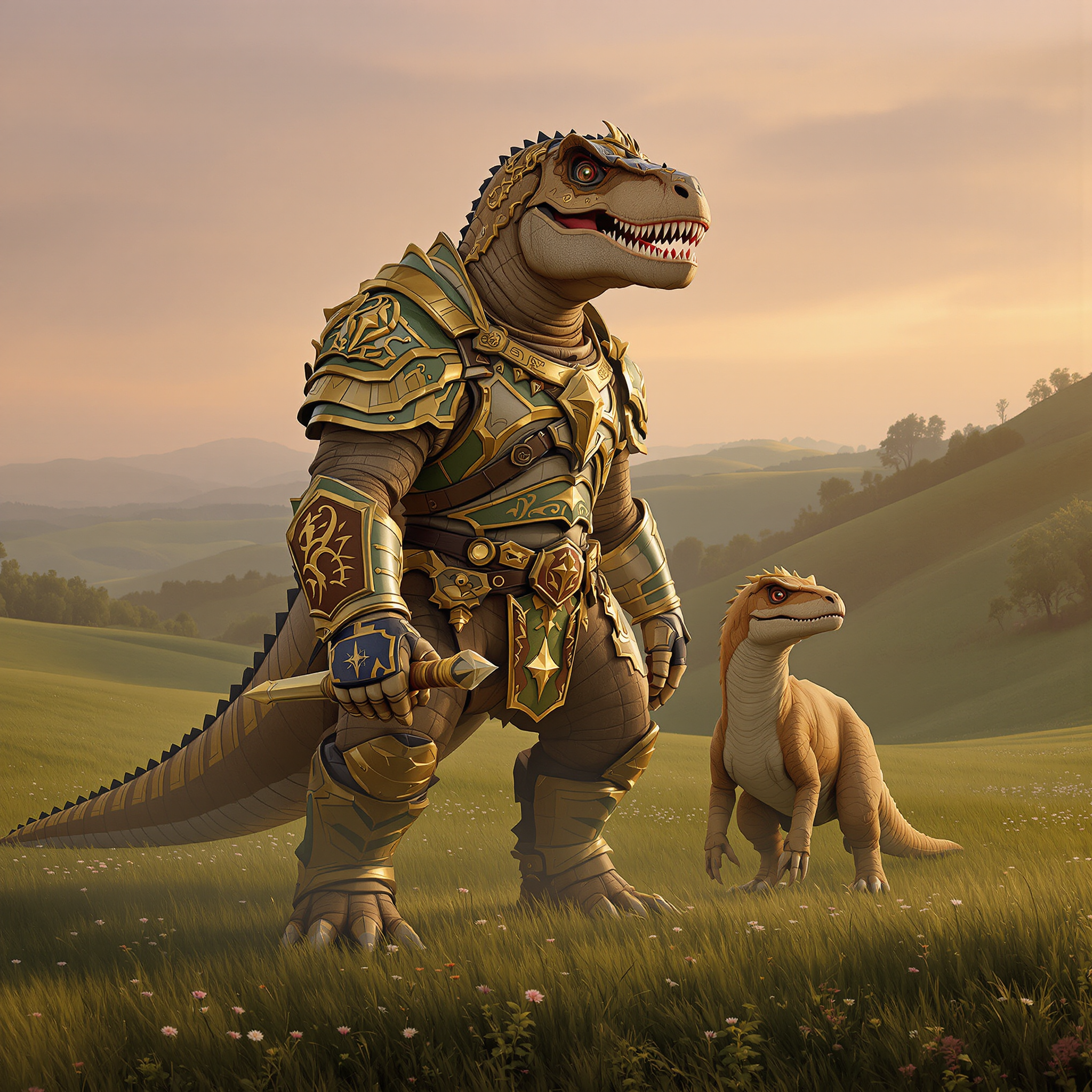 This image is a digital artwork that depicts a fantastical scene with two armored dinosaurs in a serene, pastoral landscape. The art style is a blend of realism and fantasy, with a focus on detailed textures and a cinematic quality.The medium appears to be a digital painting, utilizing advanced rendering techniques to create a lifelike quality in the dinosaurs skin and the surrounding environment. The lighting and shadows are expertly rendered, giving the scene a threedimensional feel.The colors in the image are warm and earthy, with a soft, golden light that suggests either dawn or dusk. The dominant colors are browns, greens, and soft pinks, which create a harmonious and tranquil atmosphere. The armor on the dinosaurs is a mix of metallic and organic textures, with gold, bronze, and green hues, which add a touch of fantasy to the otherwise realistic depiction.The objects in the image include the two armored dinosaurs, which are the central figures. The larger dinosaur is a formidable creature, resembling a Tyrannosaurus rex, with a humanoid torso clad in ornate armor. The armor is detailed with intricate patterns and symbols, and the creature is adorned with various items, such as a shield, a sword, and a pair of gauntlets. The smaller dinosaur, which appears to be a Velociraptor, is also armored and is standing attentively beside the larger creature.The background of the image is a lush, grassy field dotted with wildflowers, and rolling hills that fade into a misty horizon. The presence of these dinosaurs in such a peaceful setting creates a striking contrast, adding to the fantastical nature of the scene.Overall, the image is a beautifully crafted piece of digital art that combines elements of fantasy and realism to create a captivating and imaginative scene.