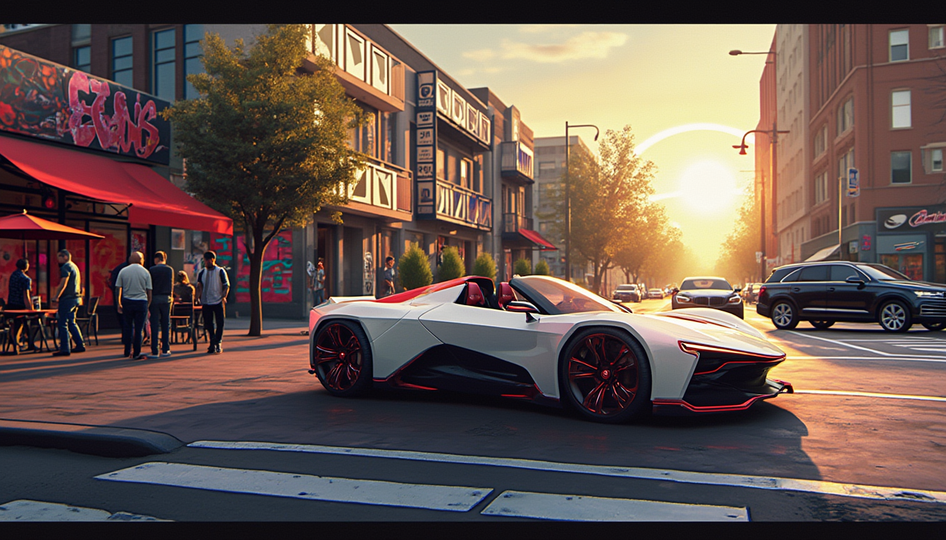 This image is a digital rendering that captures a dynamic urban street scene. The art style is modern and realistic with a cinematic quality, utilizing lighting and shadow to create depth and realism. The medium appears to be a highresolution digital painting, given the smooth gradients and the absence of brush strokes.The colors in the image are rich and vibrant, with a warm palette that suggests a time close to sunset. The sky is a gradient of orange and yellow hues, transitioning into cooler blues and purples, which gives the impression of the sun setting behind the buildings. The street is wet, indicating recent rain, and reflects the warm colors of the sky.The objects in the image are numerous and varied1. Vehicle The focal point of the image is a futuristic sports car with a sleek, angular design. It has a white and red color scheme with black detailing, and its sharp angles and aerodynamic shape give it a hightech appearance. The car is a convertible, with the roof down, and it has large, multispoke wheels with red detailing.2. People There are several pedestrians on the sidewalk, engaged in various activities such as walking, conversing, and cycling. They are dressed in casual, modern clothing that blends with the urban setting.3. Buildings The buildings on the left side of the street are adorned with colorful graffiti, predominantly in red and black, which adds a contemporary and edgy feel to the scene.4. Street Furniture There are outdoor seating areas with tables and chairs, and a bike rack on the left side of the street, indicating a pedestrianfriendly environment.5. Traffic In the background, there are other vehicles, including a black SUV that is passing by the futuristic car.6. Street Elements The street itself has reflective road markings, and there are puddles that catch the light, suggesting the wet conditions mentioned earlier.7. Sky The sky is clear, with no clouds, and the sun is setting, casting a warm glow over the scene.Overall, the image conveys a sense of modernity, vibrancy, and the juxtaposition of technology and urban life.
