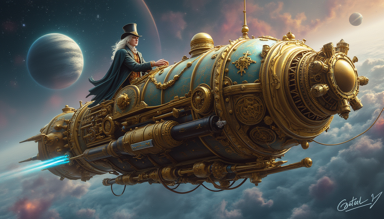 This image is a stunning depiction of a fantastical spacecraft, rich in detail and steeped in a steampunkinspired art style. The medium appears to be digital painting, given the smooth gradients and seamless blending of colors.The spacecraft is ornately designed with intricate gears, levers, and mechanical parts, all meticulously crafted to suggest a bygone era of industrial might. The ships exterior is adorned with elaborate patterns and swirls, reminiscent of baroque art, which gives it a sense of antiquity and grandeur. The ships color palette is a harmonious blend of gold, bronze, and copper tones, with touches of blue and green, which lend it a warm, almost celestial glow.At the helm of the ship sits a figure clad in a detailed, Victorianera costume, with a top hat and a long coat, which adds a touch of human presence and scale to the vessel. The figures pale complexion and white hair contrast with the rich colors of the ship, drawing the viewers eye to their commanding presence.The ship is propelled by what appears to be a powerful engine, with jets of blue light emanating from its exhaust ports, suggesting rapid movement through space. The ship is surrounded by a swirling nebula, with hues of pink, purple, and blue, and distant stars dotting the cosmic landscape. A large planet, partially obscured by a ring of darkness, hangs in the background, adding to the sense of an interstellar journey.Overall, the image evokes a feeling of wonder and exploration, transporting the viewer to a world where the marvels of science and the elegance of the past are intertwined in a magnificent spacecraft that sails the stars.