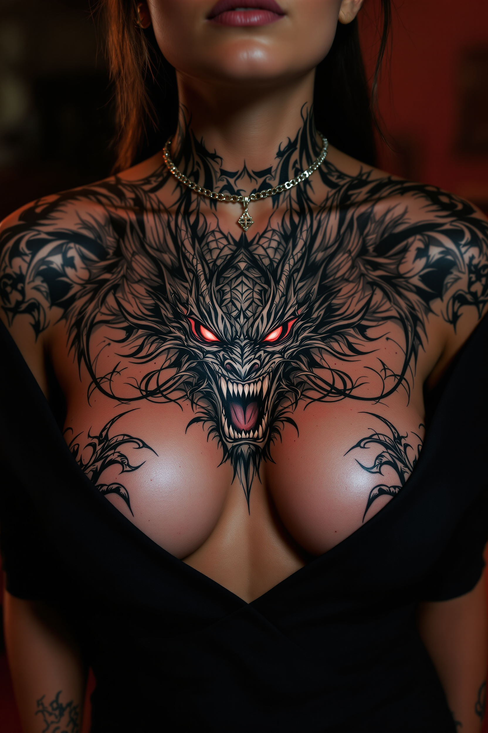 This image features a woman with a highly detailed and intricate tattoo covering their chest, neck, and shoulders. The tattoo is a blend of black and gray shading with splashes of red, primarily in the eyes and mouth of the central figure. The art style appears to be a blend of traditional and neo traditional elements, with a focus on bold lines and shading that gives the tattoo a three dimensional effect.The tattoo depicts a fierce, mythical creature that could be interpreted as a dragon or a similar beast. The creature has a wide open mouth, with sharp teeth bared and eyes that are glowing red, adding to the menacing aura of the design. Its scales are intricately detailed, with patterns that suggest movement and texture. The creatures wings are spread out, and its talons are visible, ready to strike.The person is wearing a simple, dark garment that allows the tattoo to stand out prominently. Around the neck, there is a delicate chain necklace with a pendant that is not clearly visible due to the tattoos proximity.The overall medium of the tattoo is ink on skin, and the colors used are primarily black, gray, and red, with touches of other colors that might be part of the shading process. The lighting in the image is dramatic, with a focus on the tattooed area, which gives it a glossy and almost threedimensional appearance. The background is intentionally blurred, with a warm, reddish hue that suggests an indoor setting with ambient lighting.