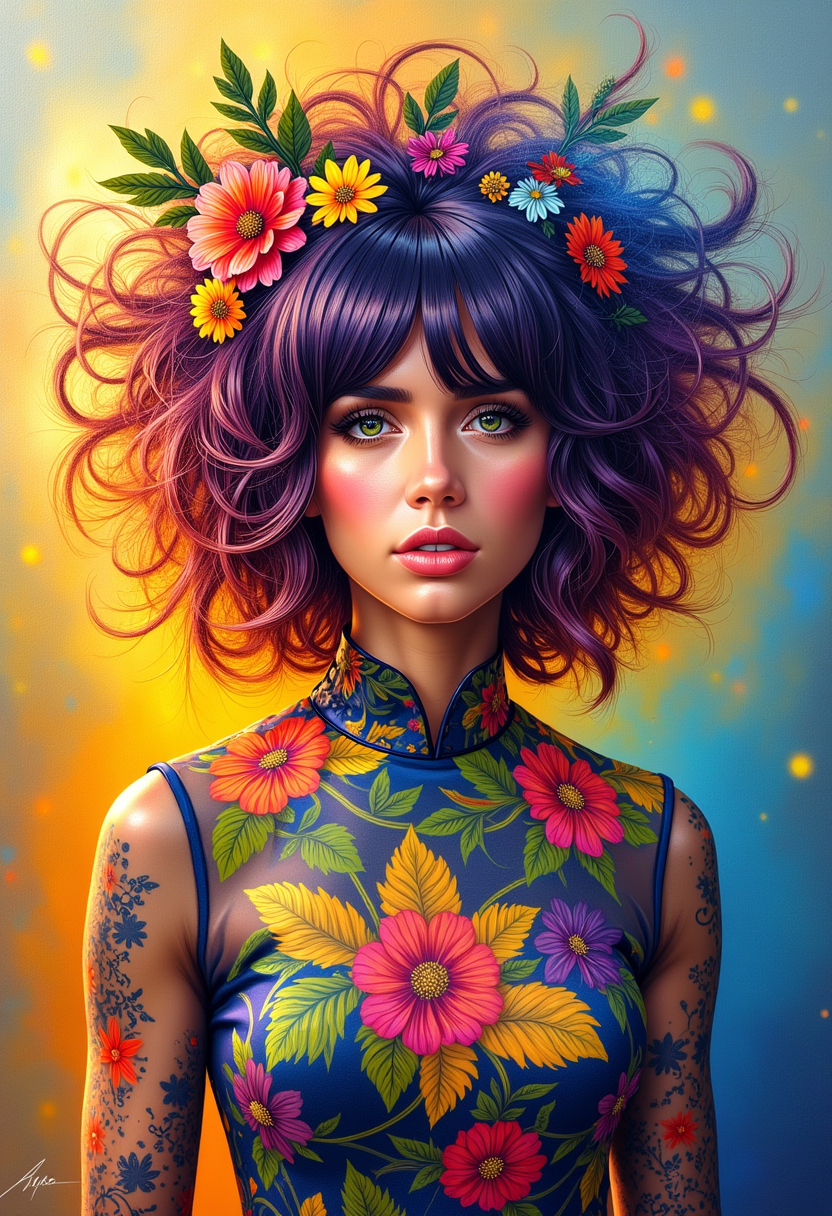 a photo of ANA$, This is an oil painting that captures the portrait of a person with a striking and colorful hairstyle and attire. The subject is adorned with a voluminous, curly hairstyle that cascades in a gradient of colors, ranging from deep purples and blues at the roots to fiery oranges and reds at the tips. The hair is embellished with various flowers and leaves, adding a touch of nature and whimsy to the overall appearance.The subject is also wearing a garment that complements the hairstyle, featuring a similarly vibrant color palette. The clothing has a sheer, flowing quality, with a mix of blues, yellows, and greens, and is adorned with what appear to be ribbons and fabric flowers, further enhancing the festive and artistic aura of the subject.The background of the painting is a blend of warm and cool tones, with strokes of yellow, orange, and blue that create a dreamy and ethereal atmosphere. The brushstrokes are visible, giving the painting a textural quality that adds depth and movement.The overall art style of the painting is realistic with a touch of fantasy, as evidenced by the exaggerated colors and the whimsical elements in the hairstyle and attire. The medium appears to be oil paint, given the rich texture and luminosity of the colors.The objects in the painting are primarily the subjects hairstyle and clothing, which are the focal points of the composition. The background is less defined, with only subtle hints of objects and space, allowing the viewers attention to remain on the subjects striking appearance.