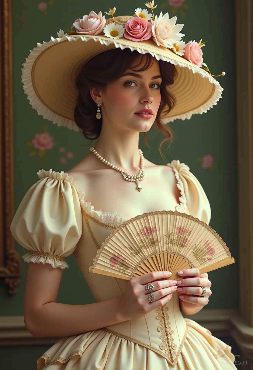 This image is a digital artwork that captures a woman in a Victorian era setting. The art style is reminiscent of a high fashion editorial, with a focus on the intricate details of the costume and accessories, and a soft, romantic atmosphere. The medium appears to be a digital painting, given the smooth blending of colors and the lack of texture that one might find in a traditional painting.The colors in the image are soft and muted, with a predominance of creams, beiges, and pastels. These colors are complemented by the gold accents on the hat and fan, which add a touch of opulence. The figures skin is painted with a delicate blush and subtle shading, giving it a lifelike quality.The objects in the image are central to the composition. The figure is adorned in a lavish Victorian gown with ruffled sleeves and a fitted bodice, detailed with lace and beadwork. The gowns skirt is full and billows out, creating a sense of movement and elegance. The figure is also wearing a wide brimmed hat, decorated with an array of flowers, including roses and daisies, and embellished with pearls and lace. The hats brim is wide enough to cast a shadow over the figures face, adding to the enigmatic quality of the portrait.The woman is holding a delicate fan, intricately decorated with floral motifs and gold detailing. The fans design complements the hat and gown, reinforcing the Victorian theme. The figures hands are adorned with rings and are positioned gracefully, one holding the fan and the other resting on the woman's waist.The background is blurred, focusing the viewers attention on the figure and her attire. The blurred background suggests a setting that is not specific, allowing the viewer to immerse themselves in the details of the woman's costume and accessories.