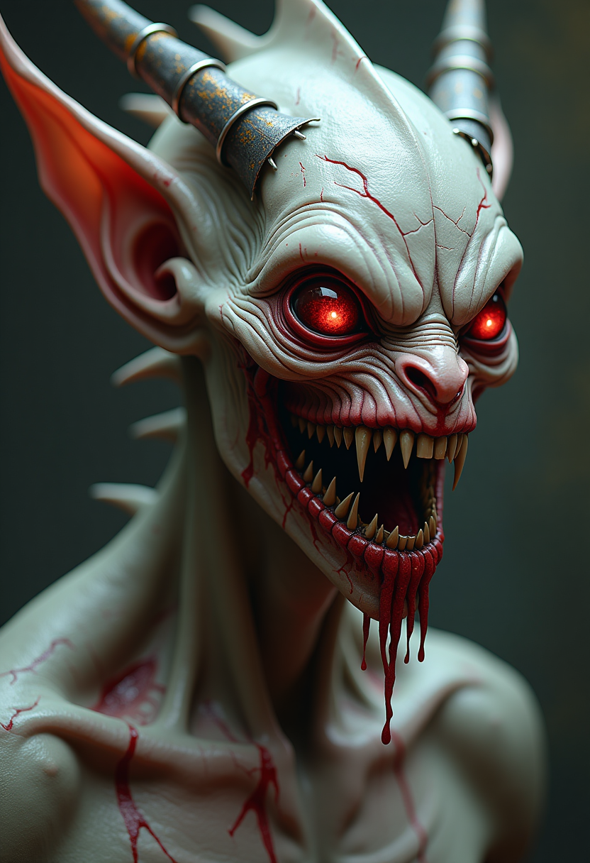 This image is a closeup and detailed depiction of a creature that appears to be a blend of fantasy and horror elements. The creature has elongated, pointed ears that are reminiscent of those found on mythical creatures like elves or goblins. The ears are adorned with what seem to be metallic or mechanical elements, giving them a futuristic or cybernetic twist.The creatures face is the focal point of the image. It has large, bulging eyes that are a deep, bloodred color, with a glossy finish that reflects light. The eyes are detailed with what appear to be cracks or veins, giving them a sense of age or decay. The pupils are not visible, but the overall effect is one of intense, unsettling gaze.The creatures mouth is wide open, revealing a set of sharp, pointed teeth that are also a bloodred color, matching the eyes. The teeth are bared in a grimace, and there is a noticeable gap between the front teeth, adding to the menacing appearance. The mouth is dripping with a viscous substance that resembles blood, which cascades down the creatures chin and neck.The creatures skin is textured and appears to be made of a material that is both flexible and tough, with a mottled gray and white color palette. There are various scars and marks on the skin, which are also streaked with red, suggesting that the creature has been through some sort of trauma or battle.The creatures neck is bare, and there are more streaks of red on the skin, indicating that the blood is not just from the mouth. The neck muscles are welldefined, and there are some scars or marks that run vertically down the neck.The creatures shoulders are visible, and they are also adorned with what appear to be scars or marks, similar to those on the neck. The shoulders are muscular, and there are some protrusions or appendages that could be interpreted as armor or additional features.The overall art style of the image is realistic with a touch of fantasy, and the medium appears to be a digital painting or illustration. The colors are quite dark, with deep reds, grays, and whites dominating the palette. The lighting is subdued, with shadows and highlights that give the creature a threedimensional form.The objects in the image are primarily the creature itself, with its detailed features and textured skin. There are no other objects or characters present, focusing the viewers attention solely on the creatures menacing and otherworldly appearance.