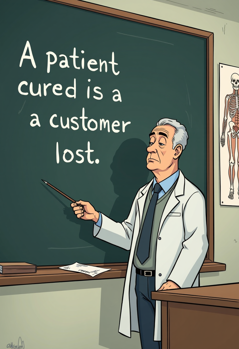 A cartoon illustration of a middle-aged, light-skinned man, in a light gray/white lab coat, and dark tie, stands before a dark chalkboard in a classroom setting. He is positioned slightly to the right of center, facing forward, and holding a pointer.  The man's expression is serious, and he is looking directly at the viewer.  The chalkboard has the text "A patient cured is a customer lost." written on it in capitalized, simple, sans-serif font.  The artwork style is comic-strip, with bold lines and muted tones of grays, greens, and browns. The man displays a serious, almost apologetic expression, which contrasts with the humorous statement on the chalkboard. An anatomical chart of limbs and bones is on the wall behind him and to the right. Simple linework gives the image depth with a comic-book style. The lighting is neutral. The overall atmosphere is humorous and poignant, reflecting a lighthearted take on the realities of a medical student's education