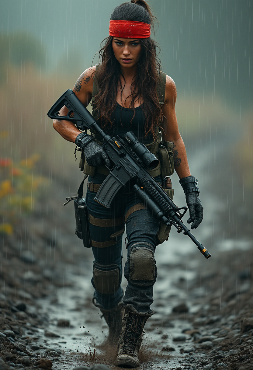 hyper realistic photo with ultra HD high resolution and very high image sharpness of a rugged woman with long wavy brown hair, wearing a red headband, black top, black tactical pants and military boots, is carrying a machine gun with bullets on her body, walking with a cool face and a body full of mud,, the atmosphere in heavy rain
