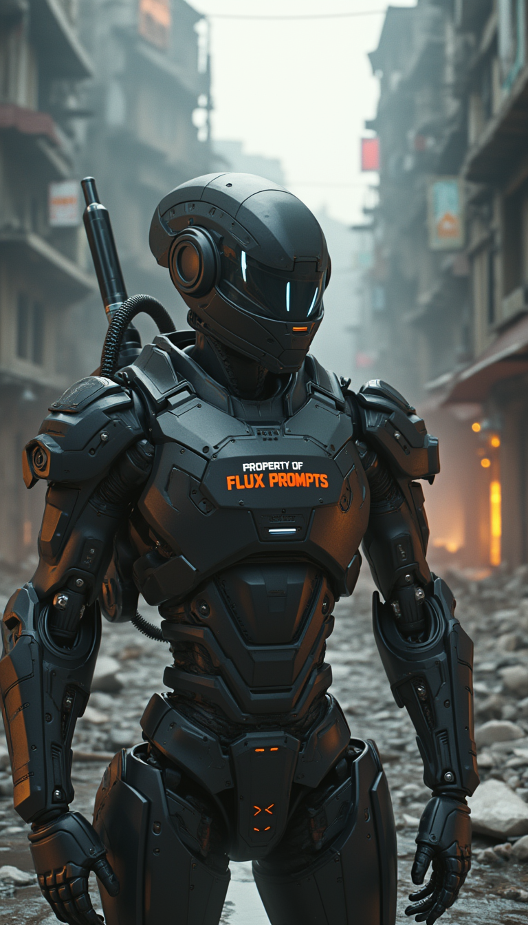 A 3d cinematic futuristic scene focused on a futuristic soldier in the style of dark reflections. A realistic buffed mechanical soldier wearing an advanced technological exoskeleton suit in a high-tech city of a dystopian world of cyberpunk war-torn cityscape in the style of league of legends::2 battle-damaged buildings, futuristic weaponry, tactical brilliance, human-robot synergy, chaos, robotics, name badge on chest with the words that reads "PROPERTY OF FLUX PROMPTS"