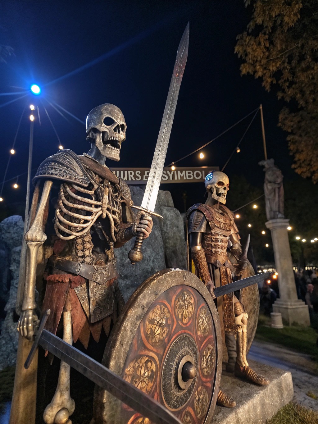 Intricately detailed skeletons, marked by broken armor and rusty swords, tell tales of ancient battles. The flames that cover them reflect a tragic past, with mysterious inscriptions written on the bones bearing cursed symbols. Dark shadows surround them, 