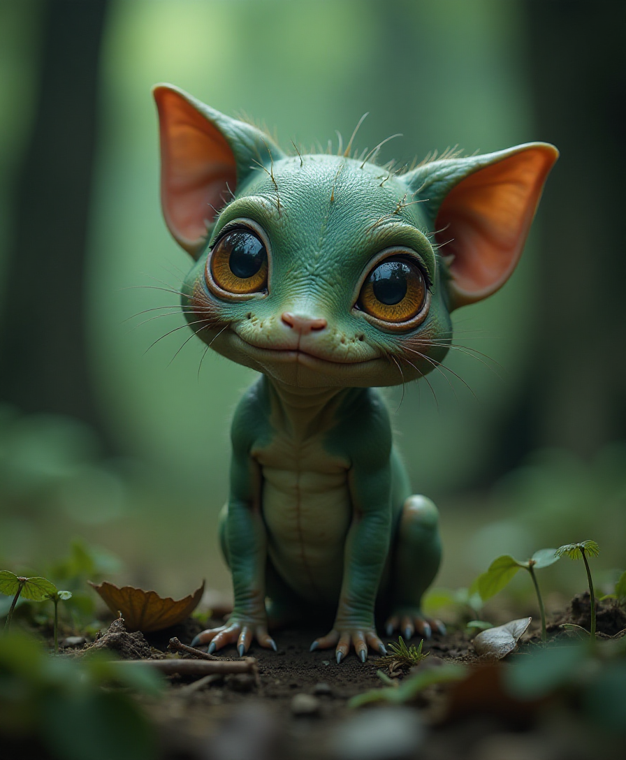 goofy forest [SUBJECT] little creature, dark surrealism. Close-up