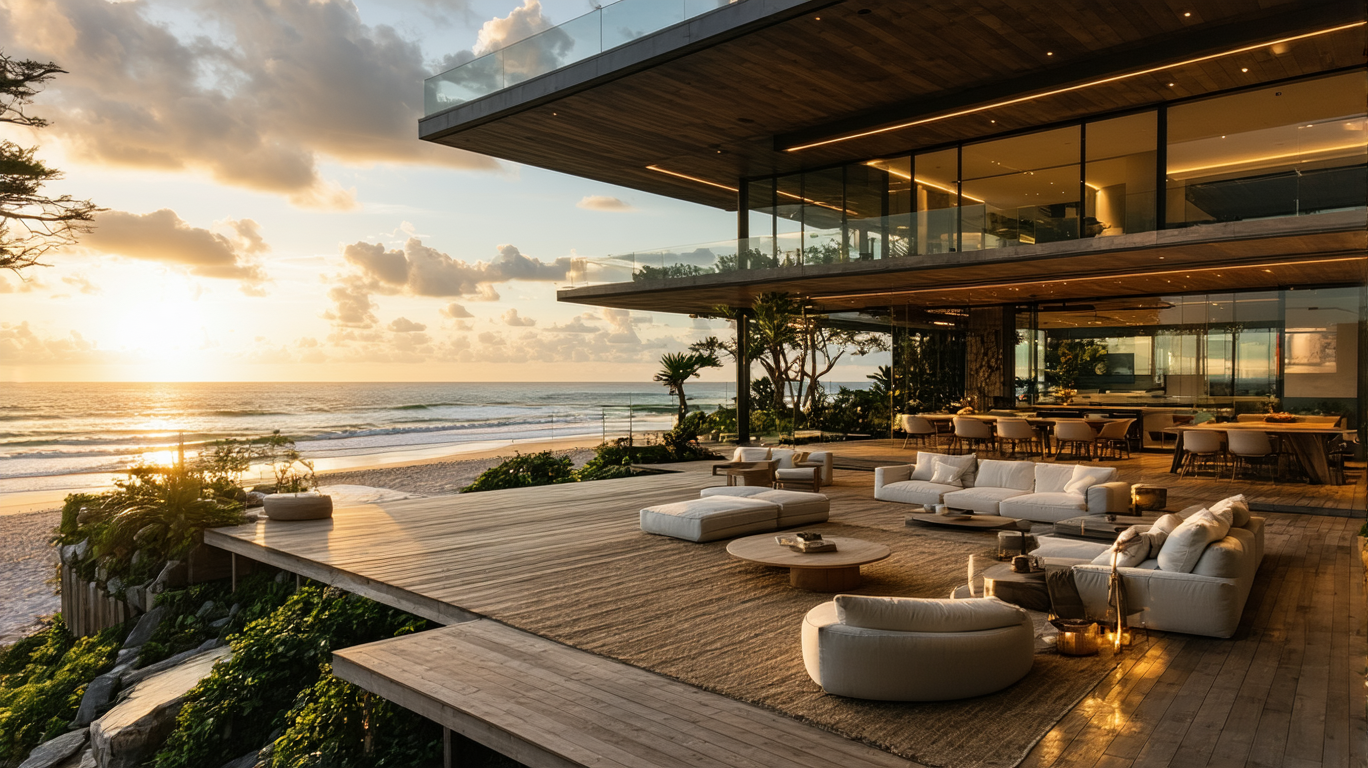 Example: Modern Beachfront LuxurySetting: The scene captures a modern and luxurious beach