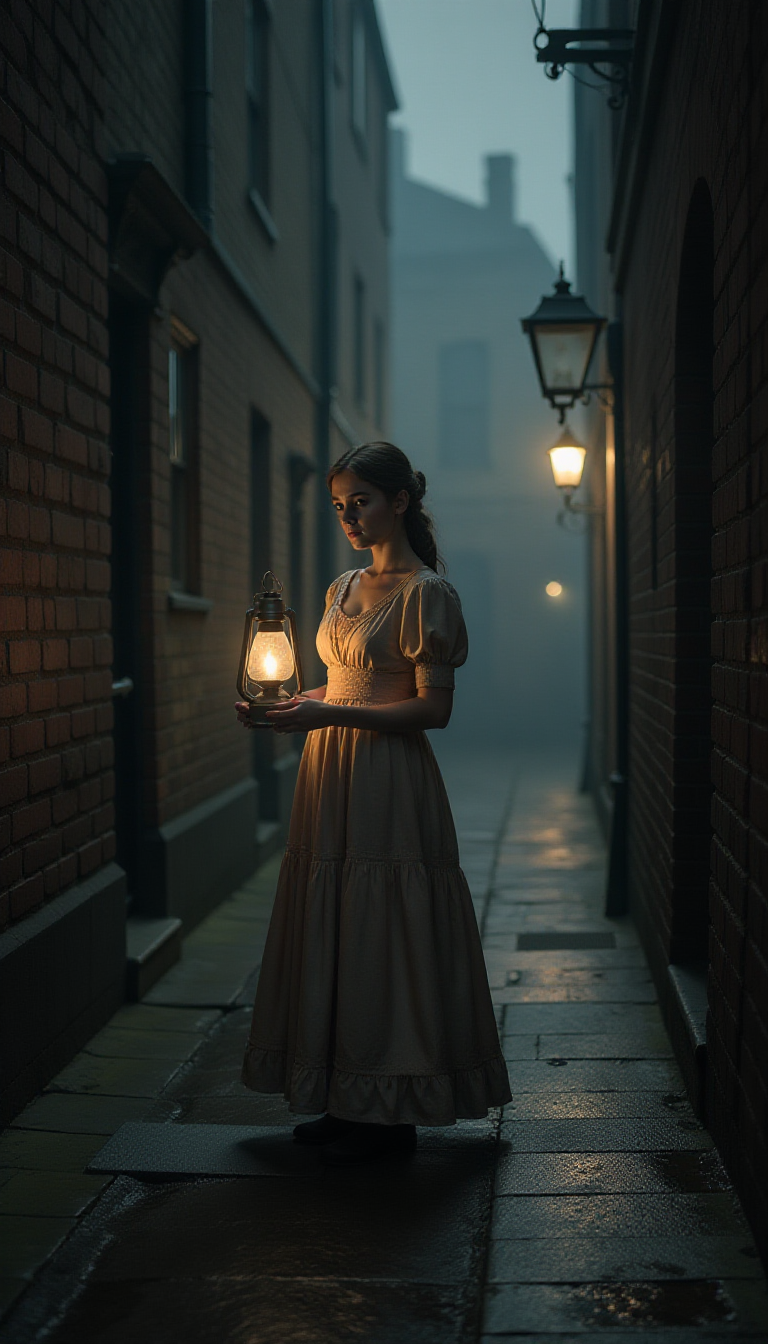 Example: Close up at Night! In the eerie darkness of an old English alley during the time