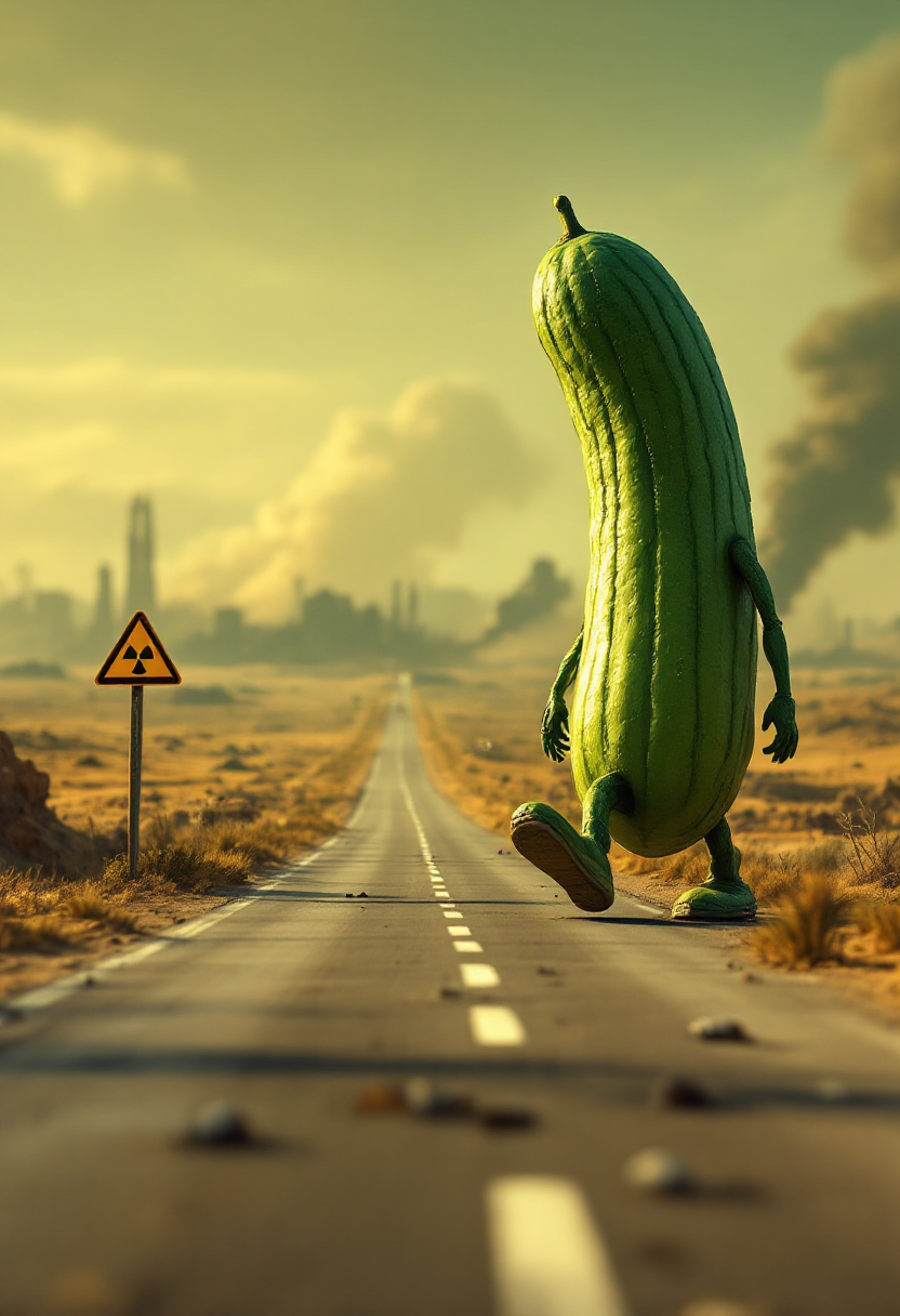 Hyperrealism, cinematic. In the background, blurred traces of destruction. In a desolate landscape, a gigantic cucumber is walking. On the roadside, a broken radiation warning sign.