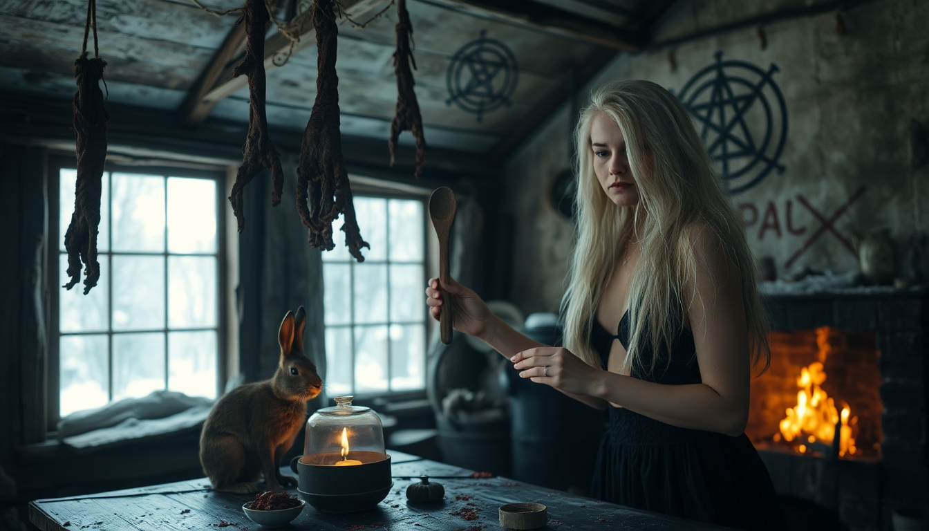 Old vintage photo.
naked old Norse völva witch is brewing potions in her old derelict hut. 
It's winter outside.
nasty, weird occult rotten limbs are hanging in gnarled strings from the ceiling.
There are satanic symbols written on the walls with blood.
she is holding an old wooden spoon.
She has a youngish face and unkempt long wild white hair. 
An old dirty hare is sitting on the table.
There is a lit fireplace.
The witch looks beautiful, but also evil and dangerous.