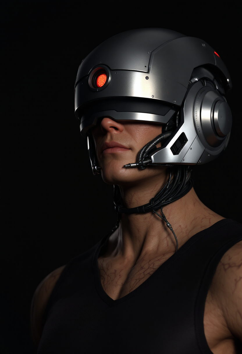 This image is a 3D rendered digital artwork, showcasing a closeup of a humanoid figure with a cybernetic enhancement. The figure is wearing a sleeveless, dark tank top, and the skin texture is highly detailed, with realistic creases and folds that give the appearance of a living, muscular body.The headgear is a metallic helmet with a circular visor, which has a red light emanating from the center, suggesting a technological or mechanical function. The helmets design is angular and futuristic, with a matte finish that reflects light subtly.The figures neck is exposed, and the skin is textured with scars and abrasions, giving the impression of battle scars or a history of hardship. The neck is also adorned with a series of metallic tubes and wires that run down to the chest, indicating a fusion of organic and mechanical elements.The color palette is dark and moody, with deep blacks, browns, and grays dominating the scene. The lighting is dramatic, with shadows that accentuate the contours of the figure and the textures of the skin and clothing. There is a sense of depth achieved through the use of lighting and shadow, which adds to the realism of the image.The overall art style is one of hightech realism, with a focus on the interplay between human anatomy and advanced technology. The medium used to create this image is likely a 3D modeling software, which allows for the creation of complex textures and lighting effects to achieve the desired realism.