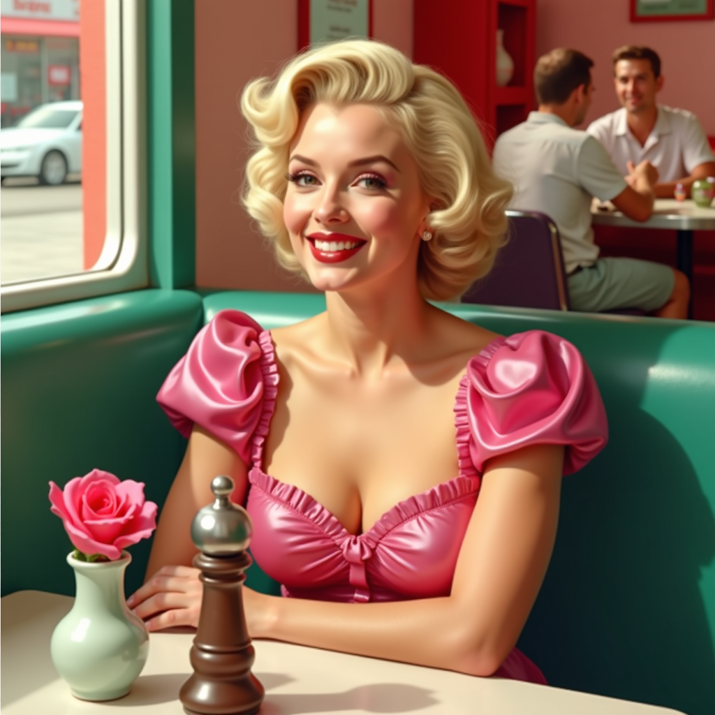 A photo of Marilyn Monroe,This image is a stylized representation of a diner scene, reminiscent of the 1950s American diner culture. The art style is a blend of realism and pop art, with a focus on vibrant colors and exaggerated features that give the image a playful and nostalgic feel.The medium appears to be digital painting, given the smooth gradients and seamless blending of colors. The lighting is warm and soft, with a focus on the subject and the diners interior, creating a cozy and inviting atmosphere.The colors are bright and saturated, with a palette that includes shades of pink, red, and green. The subject is wearing a glossy pink dress with puffy sleeves and ruffled details, which adds a touch of elegance and femininity to the image. The diners booth is upholstered in a tealgreen fabric, which contrasts beautifully with the warm tones of the subjects dress.Objects in the image include a vase with a single pink rose, which adds a romantic touch to the setting. Theres also a salt shaker and a pepper mill on the table, which are common diner accessories. The background is slightly blurred, but we can make out the outlines of other diners and the diners interior, which includes a counter and stools.
