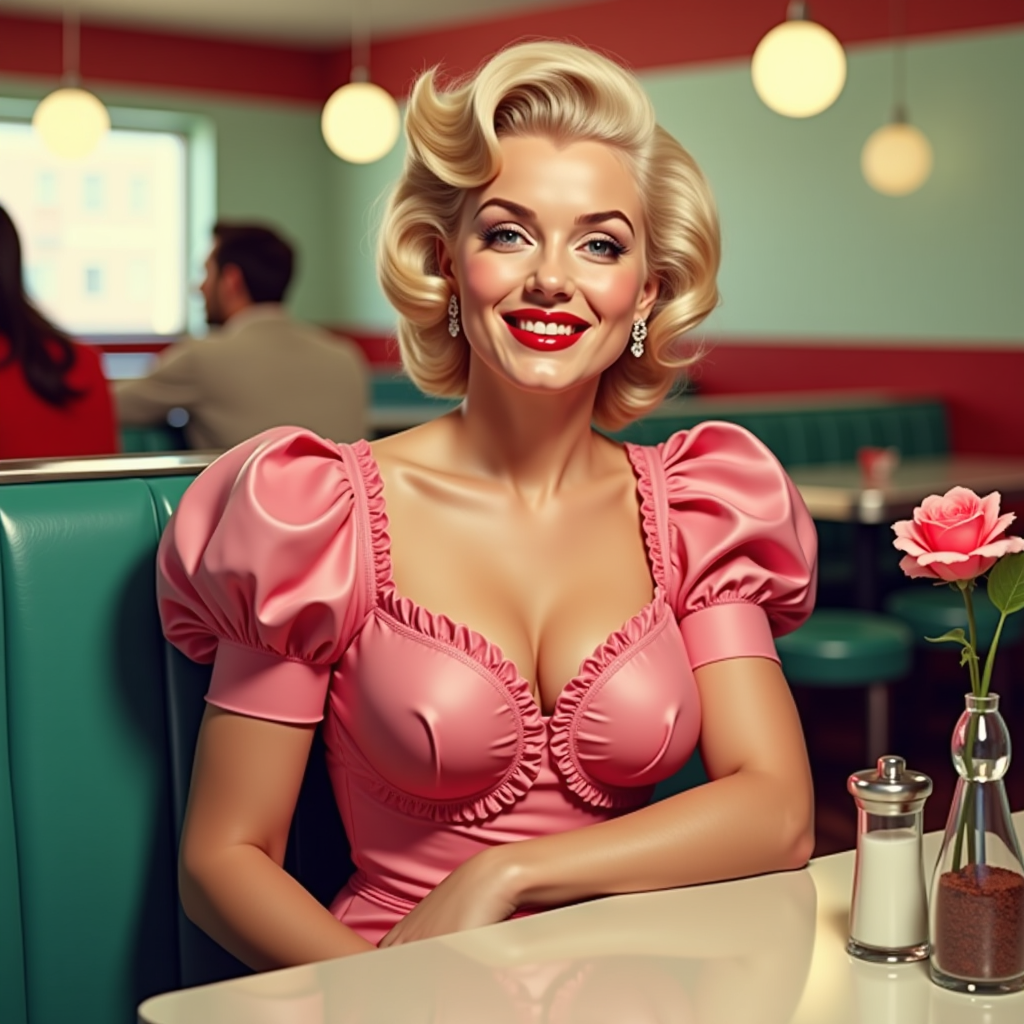 A photo of Marilyn Monroe,This image is a stylized representation of a diner scene, reminiscent of the 1950s American diner culture. The art style is a blend of realism and pop art, with a focus on vibrant colors and exaggerated features that give the image a playful and nostalgic feel.The medium appears to be digital painting, given the smooth gradients and seamless blending of colors. The lighting is warm and soft, with a focus on the subject and the diners interior, creating a cozy and inviting atmosphere.The colors are bright and saturated, with a palette that includes shades of pink, red, and green. The subject is wearing a glossy pink dress with puffy sleeves and ruffled details, which adds a touch of elegance and femininity to the image. The diners booth is upholstered in a tealgreen fabric, which contrasts beautifully with the warm tones of the subjects dress.Objects in the image include a vase with a single pink rose, which adds a romantic touch to the setting. Theres also a salt shaker and a pepper mill on the table, which are common diner accessories. The background is slightly blurred, but we can make out the outlines of other diners and the diners interior, which includes a counter and stools.