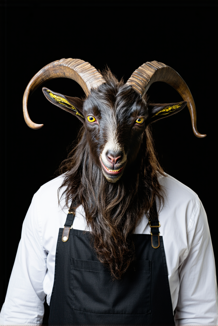 Example: This image features a creature with the head of a goat
